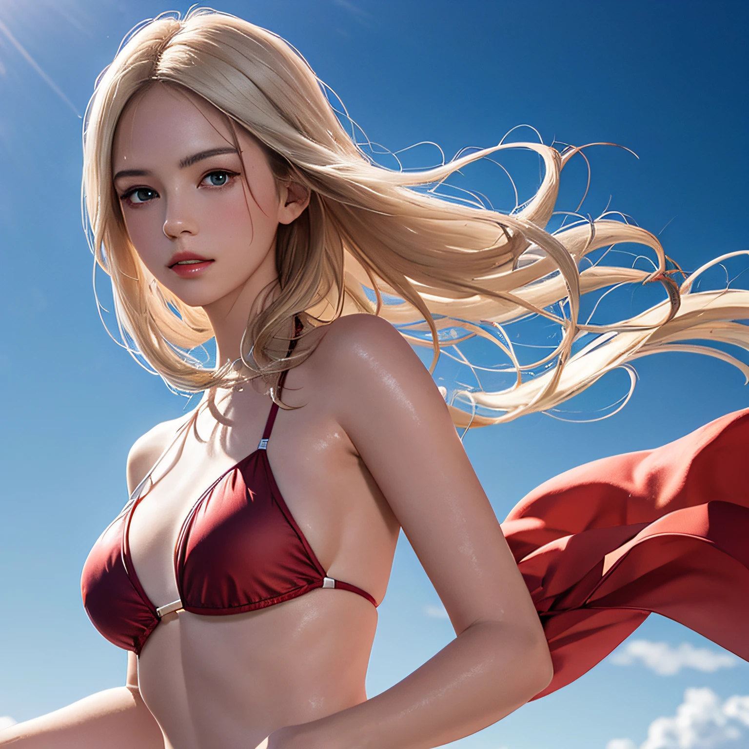 (8K, RAW Photos, of the highest quality, Masterpieces: 1.2), (Realistic, Photorealistic: 1.37), Highest Quality, Ultra High Resolution, light  leaks, Dynamic lighting, Slim and smooth skin, (Full body:1.3), (Soft Saturation: 1.6), (Fair skin: 1.2), (Glossy skin: 1.1), Oiled skin, 22 years old, Night, shiny white blonde, Well-formed, Hair fluttering in the wind, Close-up shot of face only, Physically Based Rendering, From multiple angles, The bikini