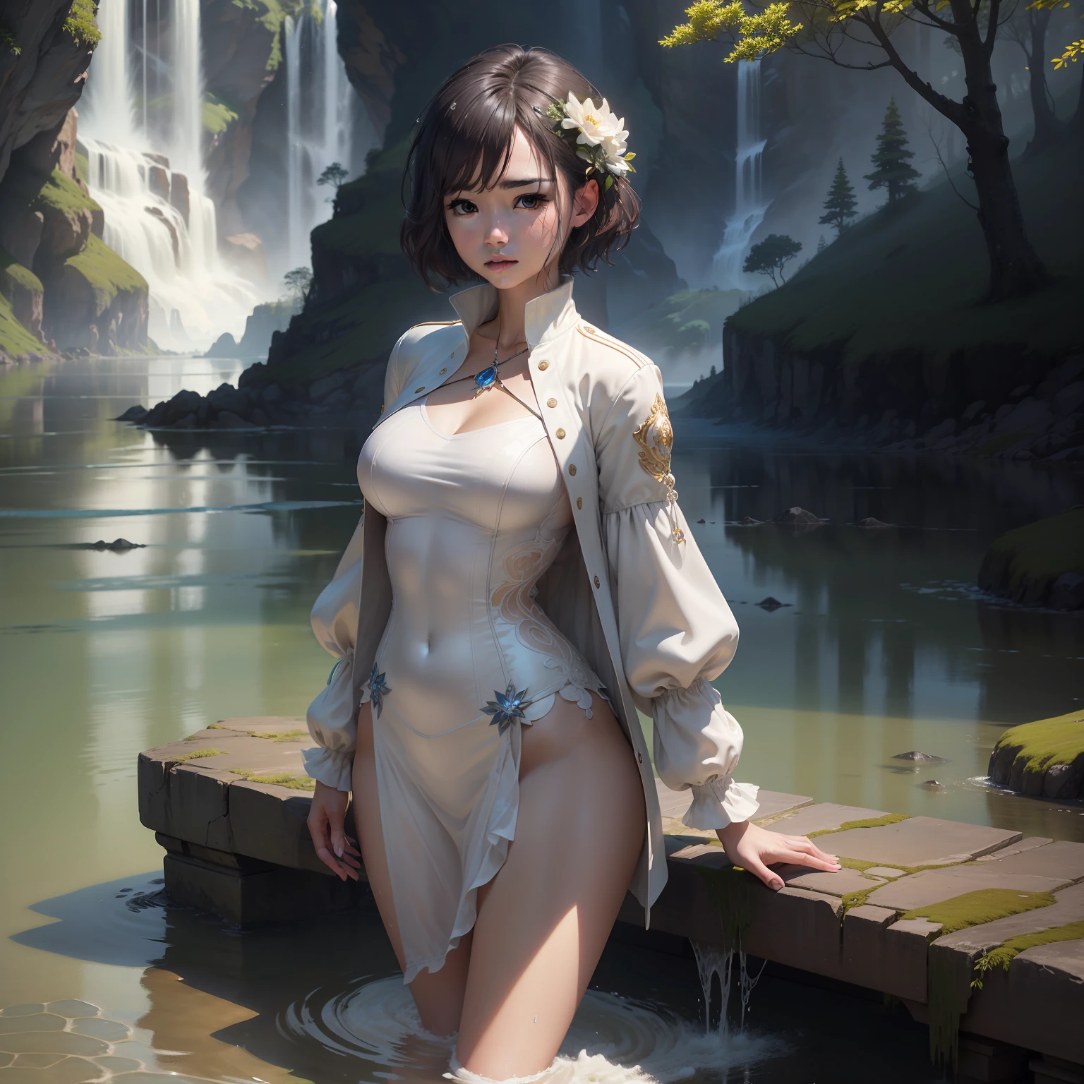landscapes、Eau、(the Extremely Detailed CG Unity 8K Wallpapers)、most beautiful artwork in the world、Professional spectacular oil painting、with an intricate、high detailing、foco nítido、Dramatic and photorealistic pictorial art、Woman in white mysterious jacket standing by water、short-hair、Beauty Breast 1.5、tiny chest、Less exposure、