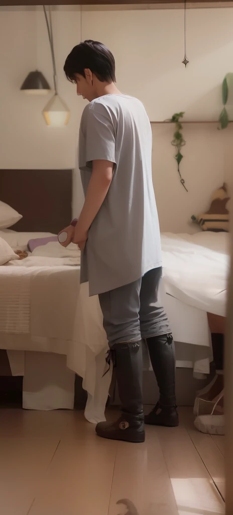mejor calidad, obra maestra, (realista: 1.2), 1 hombre, Eren Jaeger, vida real, live-action, cabello suelto, Cabello largo, Chad, muleta, Amputado, encorvamiento, sin la pierna izquierda, caminando, bata gris