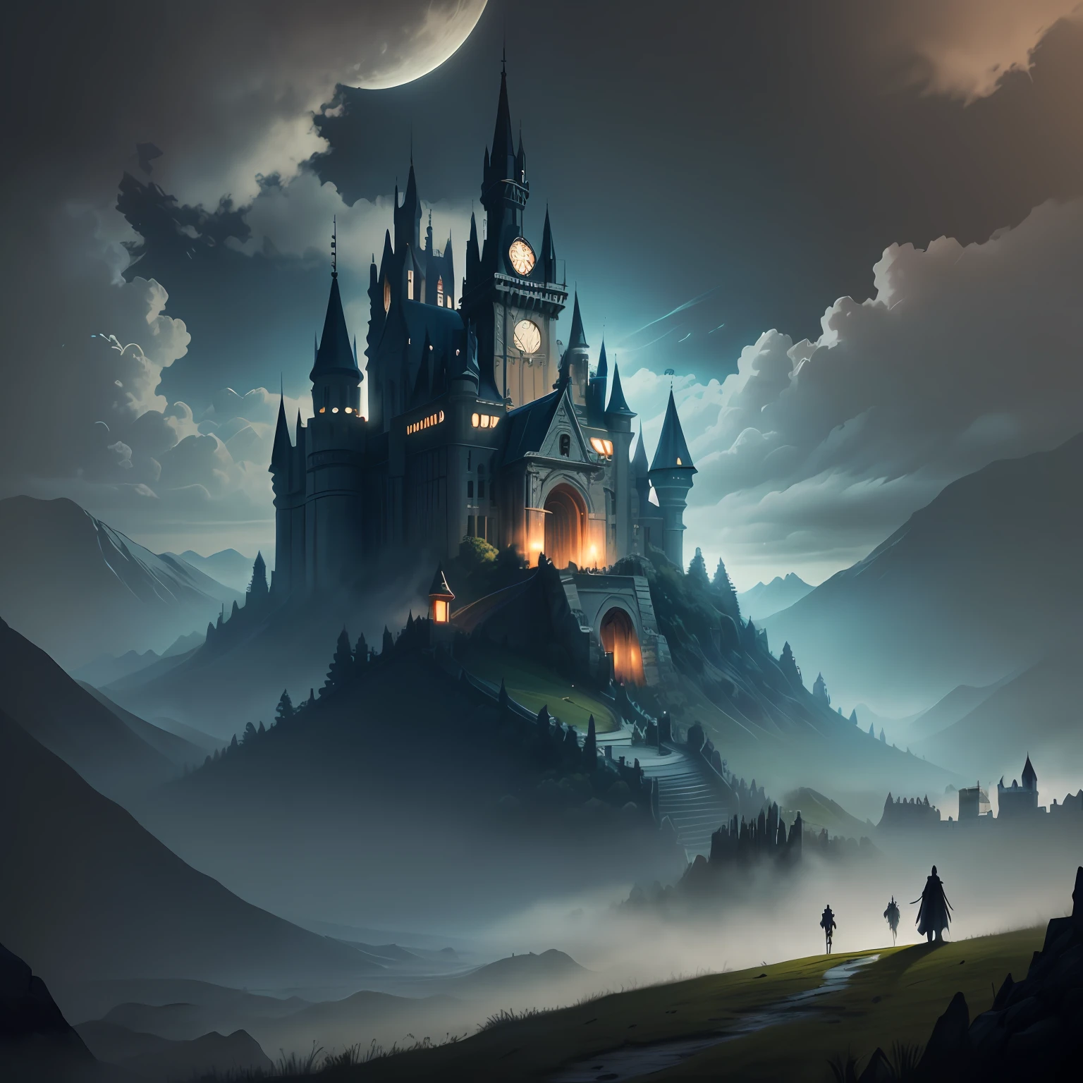 There is a castle on the hill，There is a bell tower, Fantasy castle, Misty Castle, Epic fantasy digital art style, an ominous fantasy illustration, dark fantasy style art, Gothic castle, moody misty fantasy art, epic castle with tall spires, Dark castle environment, 4K fantasy art, high fantasy castle, Fantasy art Behance, dark fantasy illustration, dark castle background，（A close-up of a group of ghosts：1.2），（Skeleton everywhere：1.5）