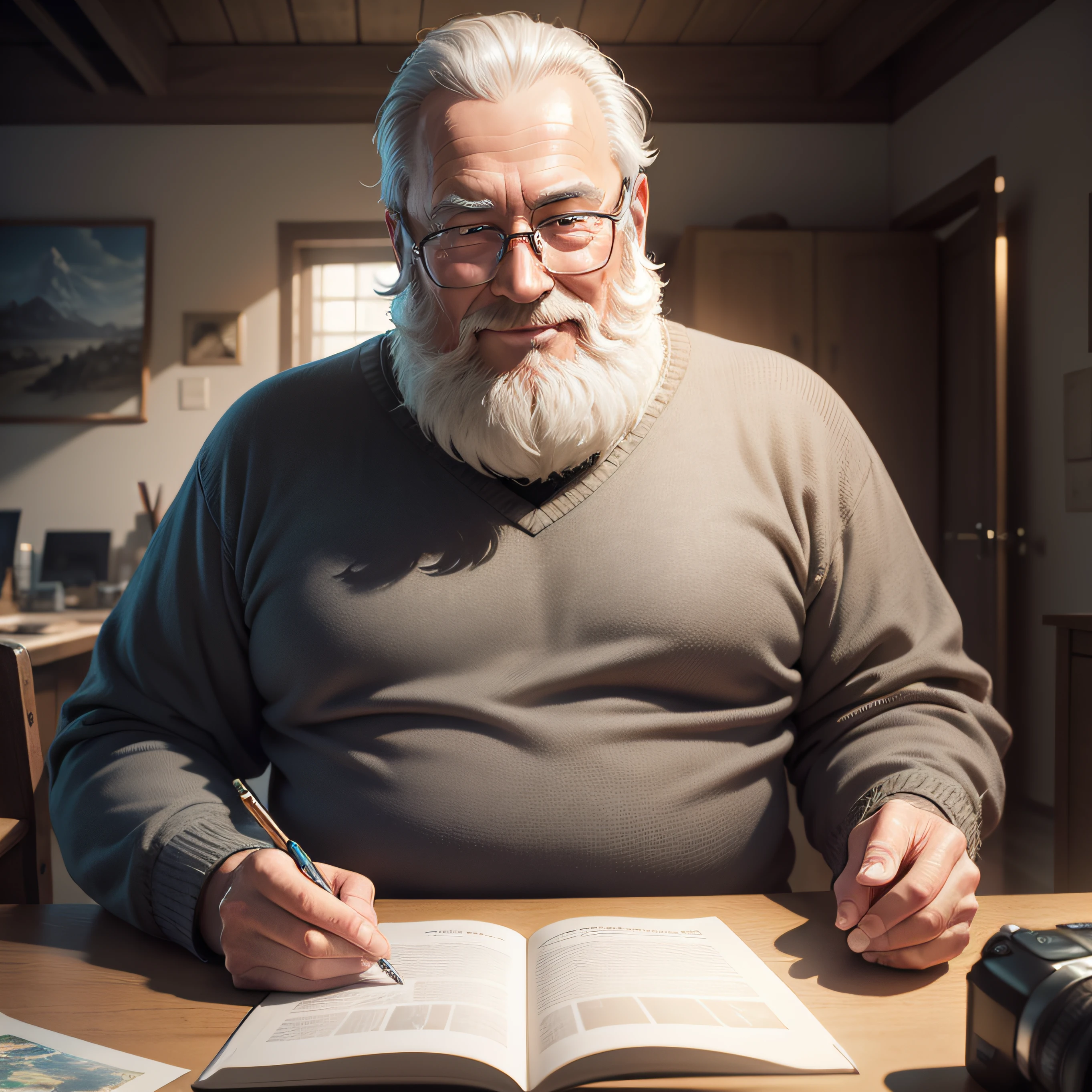 1人，Um homem de 60 anos，wearing sweater，wears glasses，There is a beard，slightly fat big breasts，Kind smile，The upper part of the body，Sit at the desk，gentlesoftlighting，tmasterpiece，best qualtiy，8K  UHD，digital SLR camera，filmgrain，Midjourney and greg rutkowski's Fujifilm XT3 realistic painting art