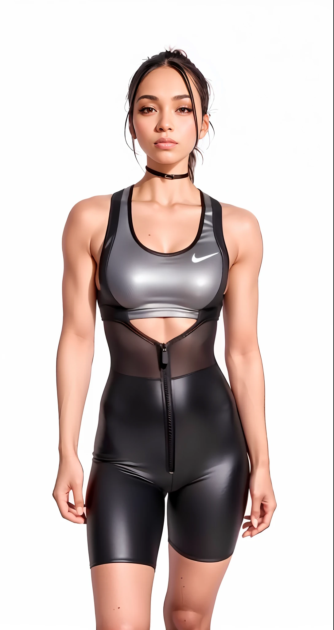 uma mulher em um shorts preto e um top cinza, victoria siemer, Fato de ciclismo Nike, high level body suit, Bodysuit, muito suado, Detalhe perfeito, Prettt, frente em, roupas esportivas, Roupa aberta v peito, roupas esportivas, item, vestindo malha, mulher de neoprene, Bodysuit