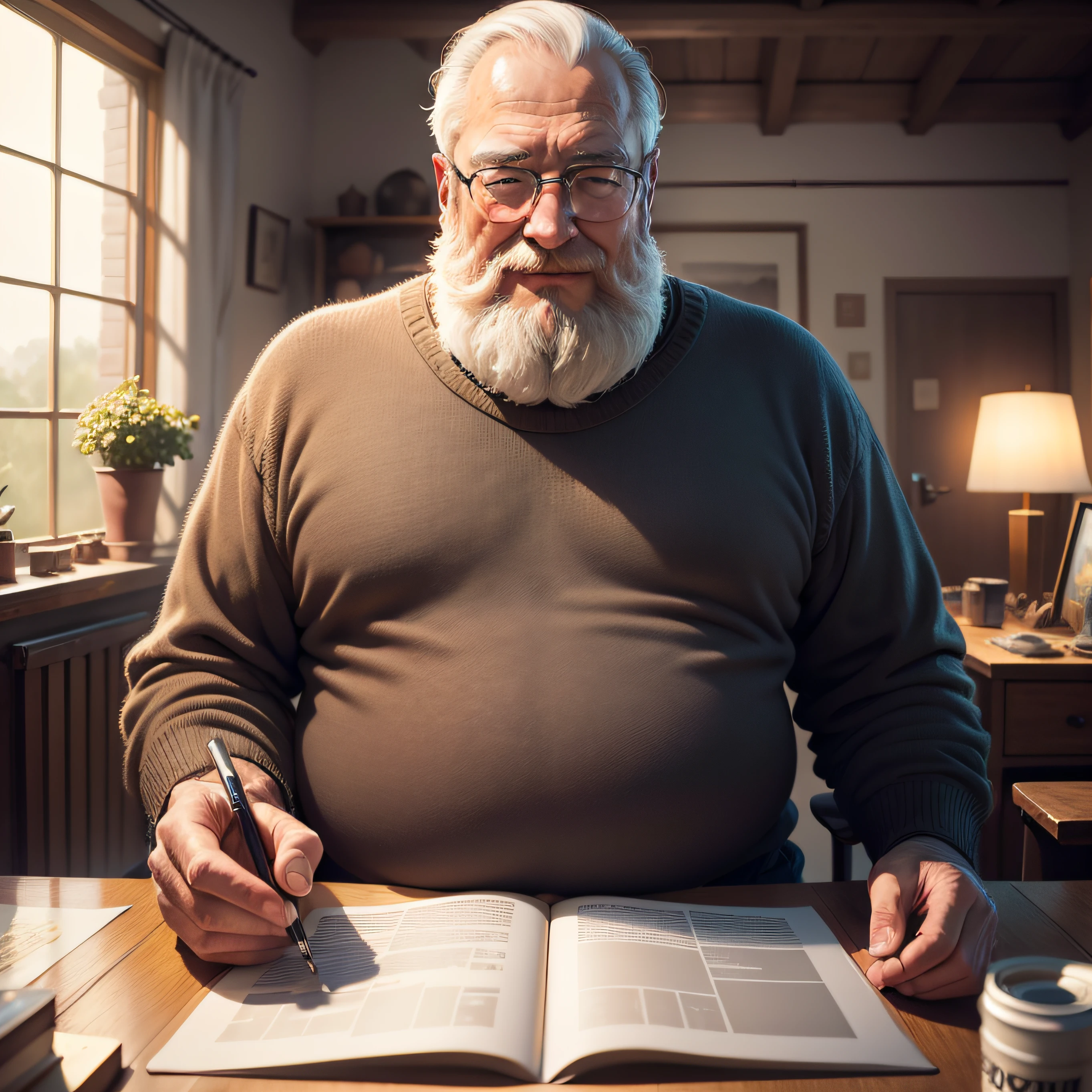 1人,Um homem de 60 anos,wearing sweater,wears glasses,There is a beard,slightly fat big breasts,Kind smile,The upper part of the body,Sit at the desk,gentlesoftlighting,tmasterpiece,best qualtiy,8K UHD,digital SLR camera,filmgrain,Midjourney and greg rutkowski's Fujifilm XT3 realistic painting art