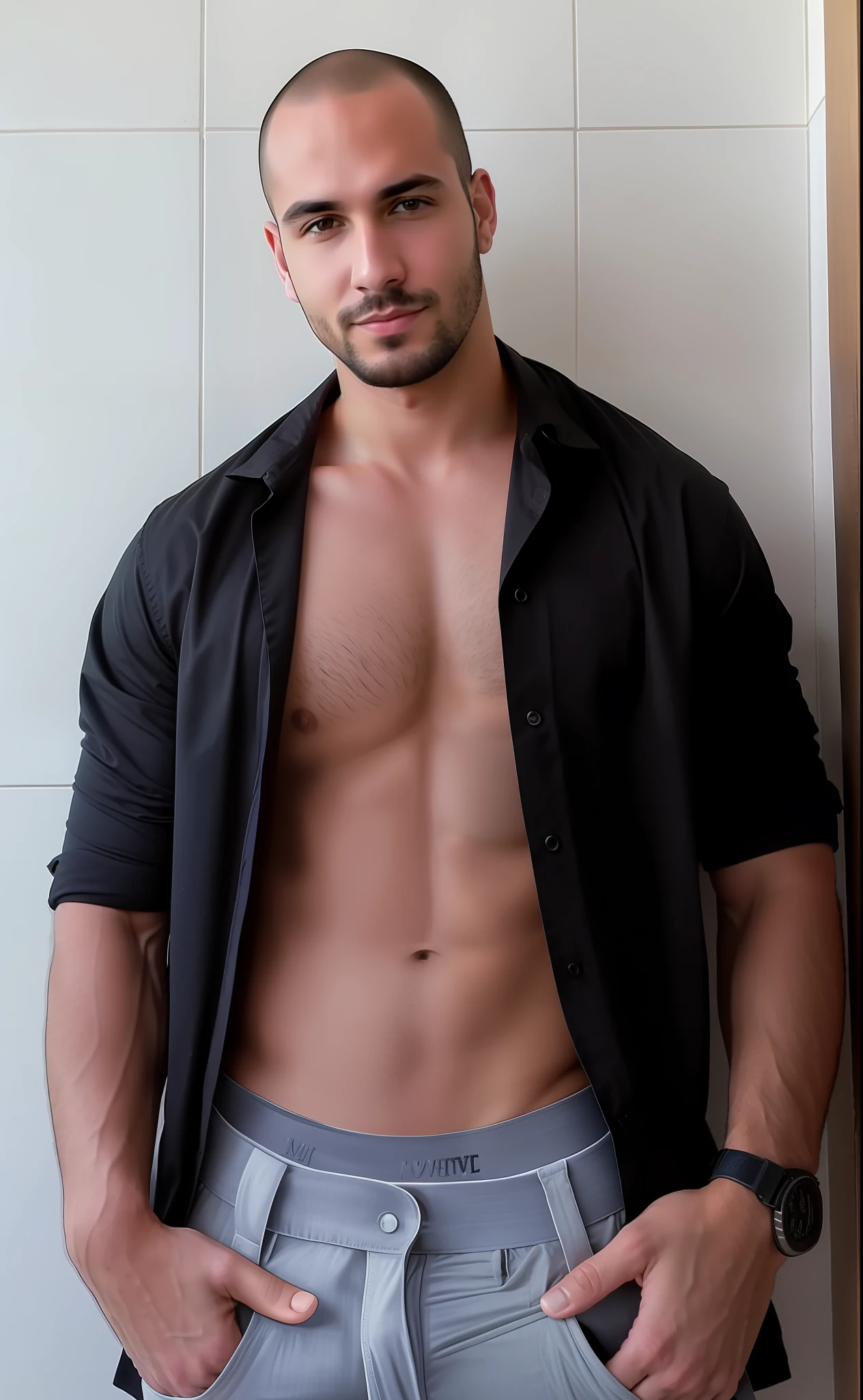 Shirtless and shirtless man standing in front of a wall, camisa aberta, meio tiro de um hunky, macho sexy, jaqueta sobre tronco nu, peito nu, (38 anos), sem camisa sob o colete, Homem magro com pele bronzeada clara, vestindo camisa, inspirado em Ludovit Fulla