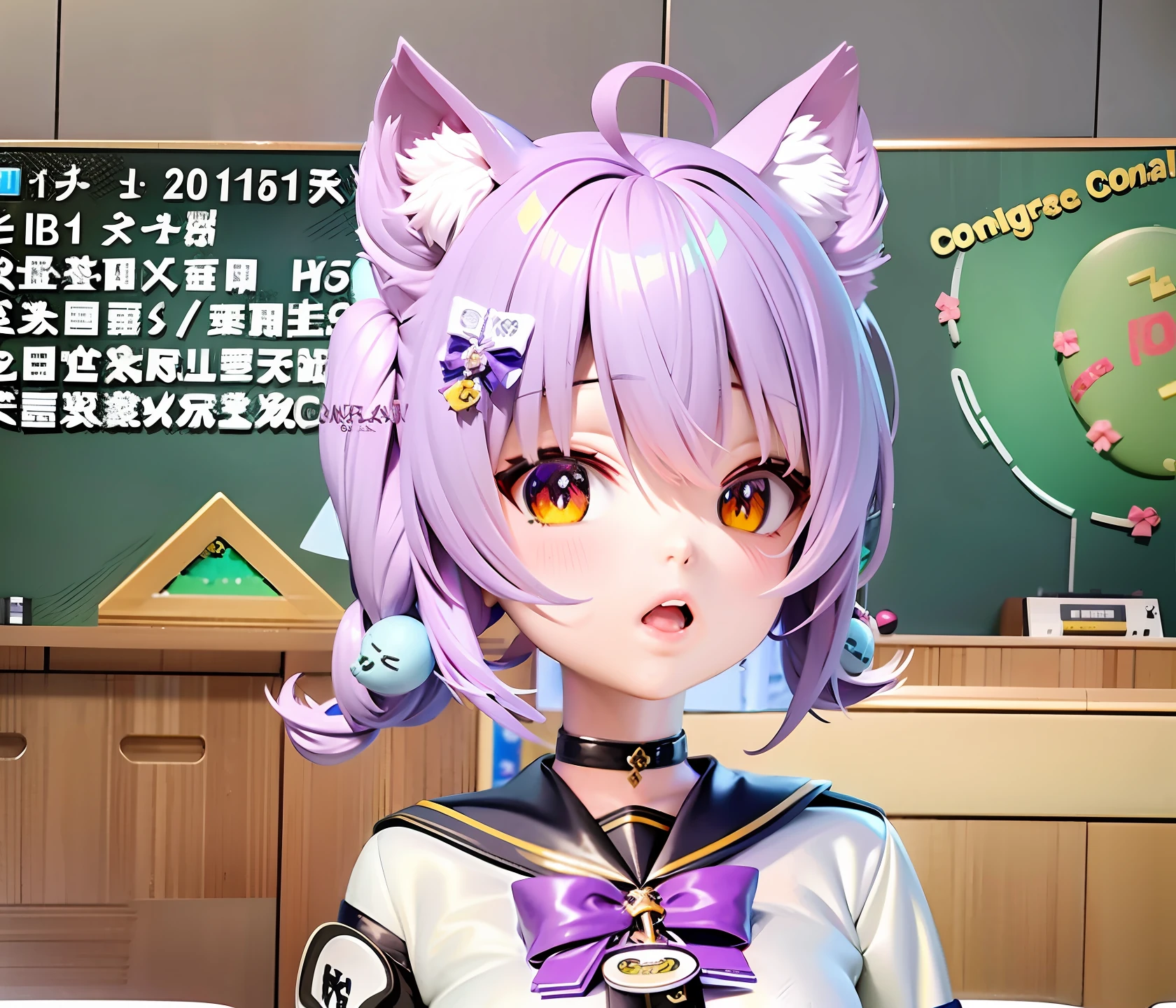 There are anime characters with purple hair and cat ears in the classroom,Anime Catwoman,anime girl with cat ears,cute anime catgirl,A scene from the《azur lane》videogame,nekomimi,Attractive cat girl,anime visual of a cute cat,Anime moe art style,hololive,Girl with cat ears,live2d virtual youtuber model,anime cat