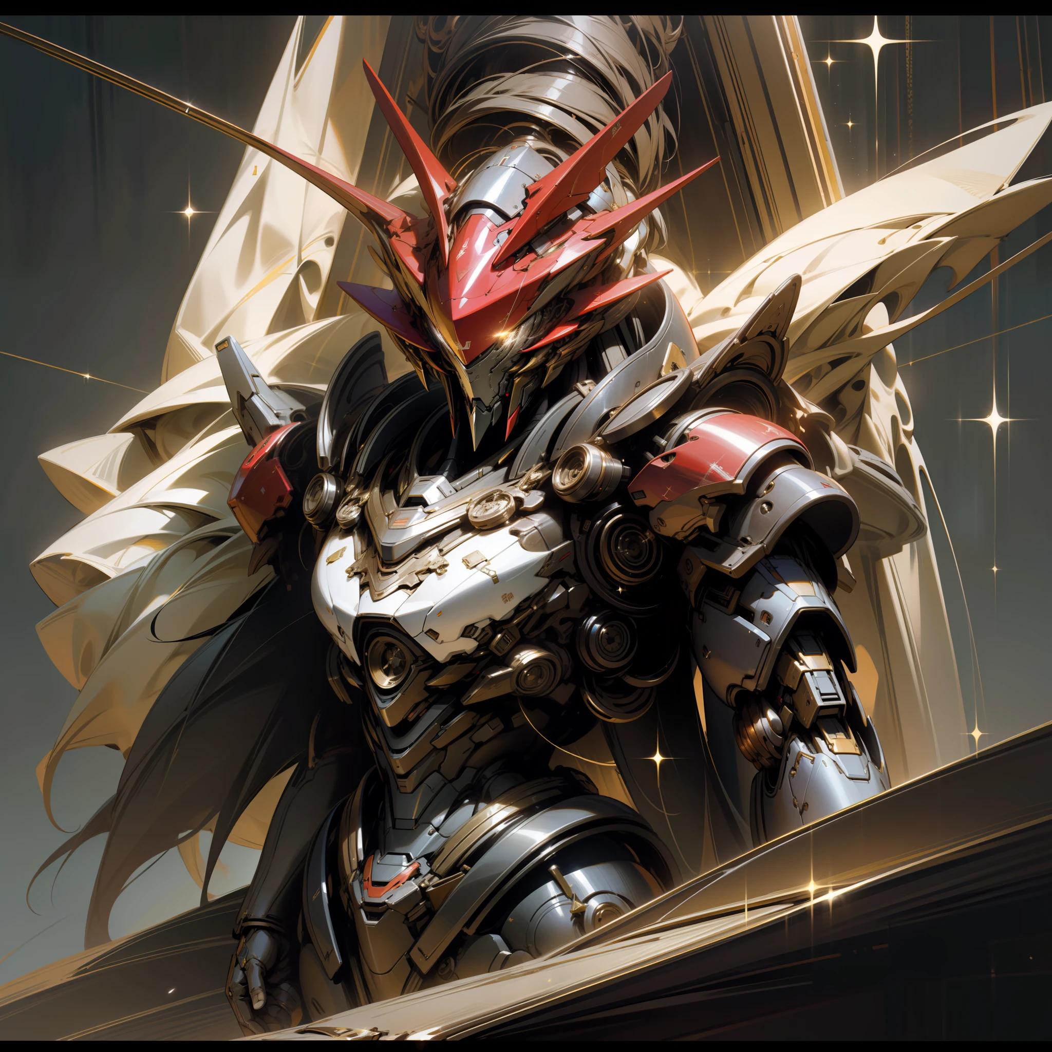 black hair, Surrealism, cinematic lighting, sparkle, god rays, chiaroscuro, 8k, super detail, UHD, masterpiece, super detail, high details, high quality, best quality, highres, 16k，mechs，red colour，frontage，Need，tmasterpiece