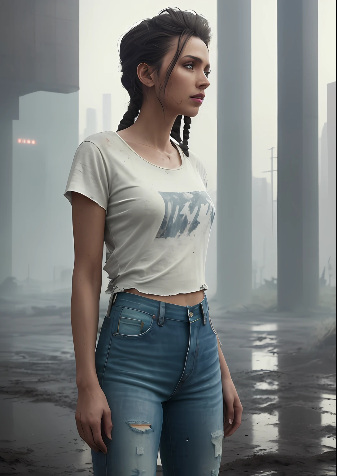 natural skin texture, 24mm, 4k textures, soft cinematic light, adobe lightroom, photolab, hdr, (full shot body:1.4) photo of android woman, soviet union, 70s, retrofuturism, masterpiece, (photorealistic:1.4), best quality, ((old torn white plain Teeshirt, dirty skinny jeans)) beautiful lighting, ((old torn clothes, dirty))lying beaten on the ground, rain, mud, puddles, braided hairstyle, ray tracing, space background, ( very detailed background, detailed complex busy background : 1.4 ), sharp focus, volumetric fog, 8k uhd, dslr, high quality, film grain, ((depressive mood)), photorealism, lomography , at ( A sprawling soviet metropolis in a future dystopia ), view from below , translucency , (HDR:1.2), Mar, basic round neck Tee-shirt, perfact legs and hips, skinny dirty torn jeans,