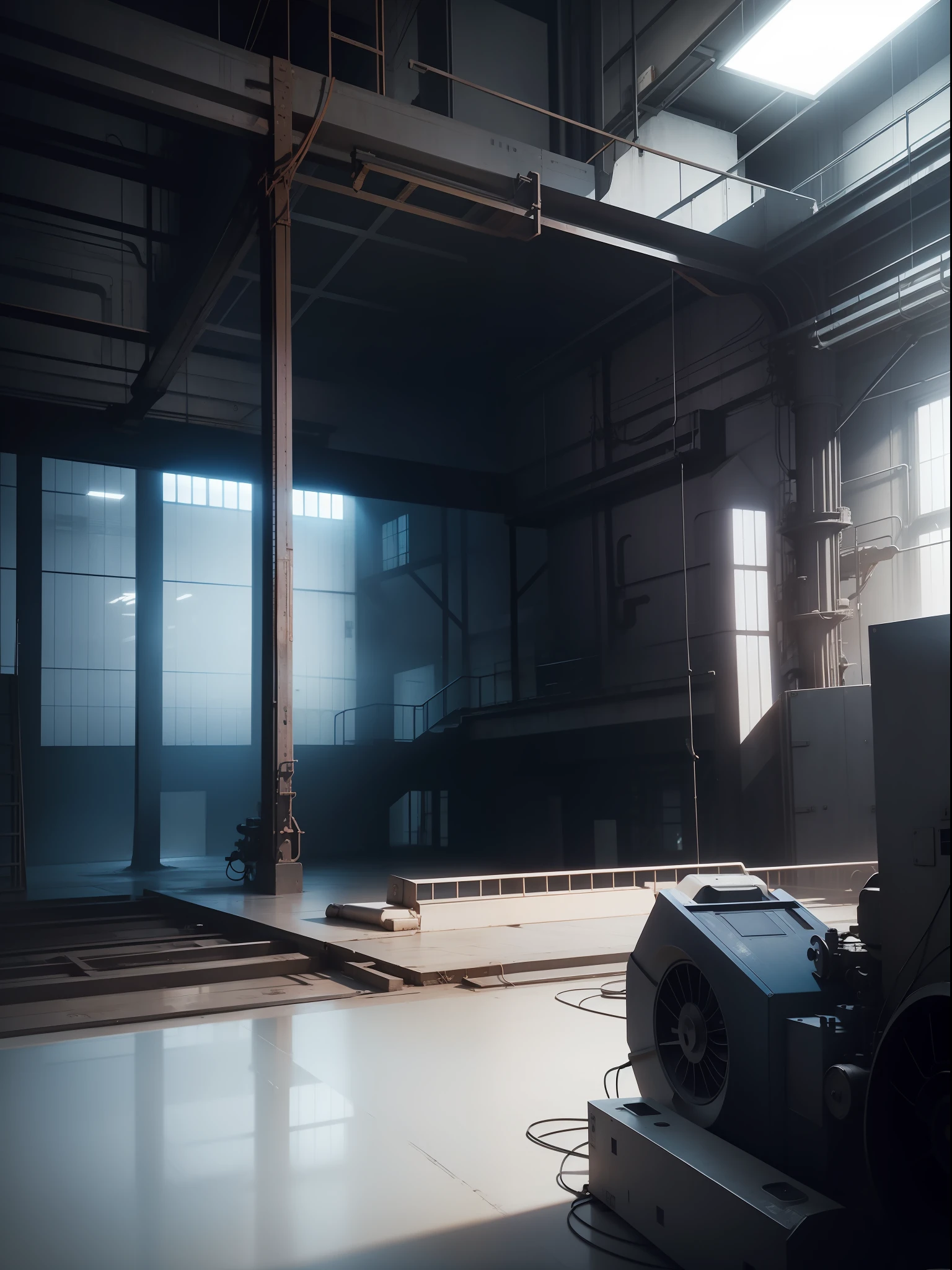 The basemap is a photo of the interior of the factory，Add a blue transparency mask，Tech style，the night