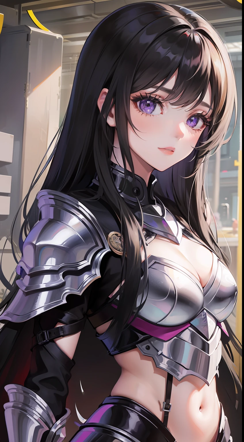 young girl, Long black hair, violet eyes, Men's armor, Masterpiece, hiquality