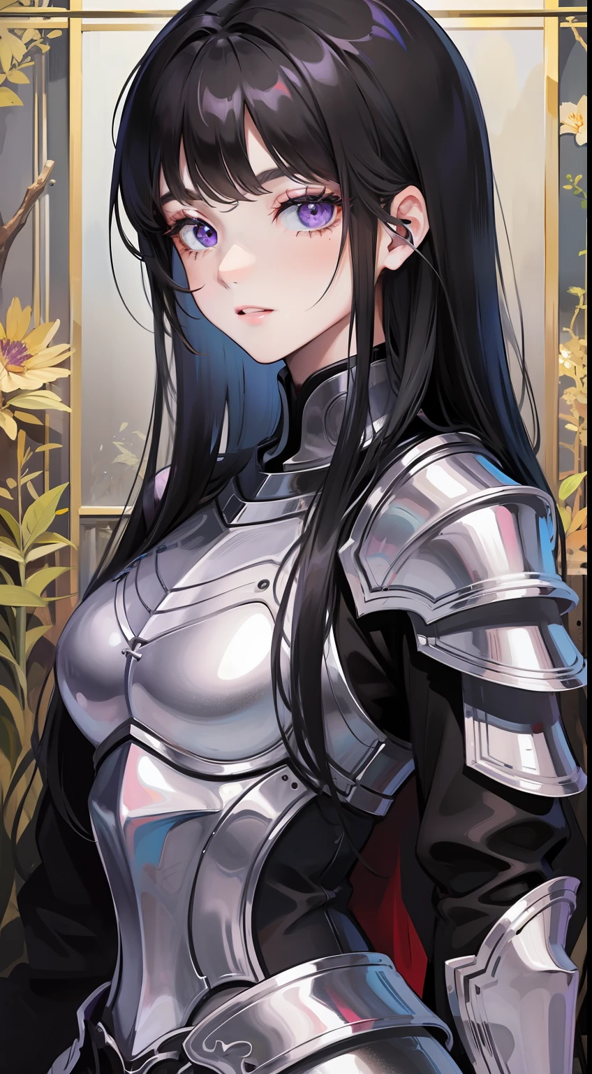 young girl, Long black hair, violet eyes, Men's armor, Masterpiece, hiquality