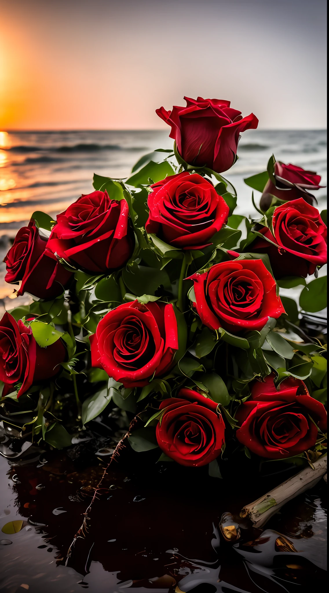 There is a bouquet of red roses on the beach by the water, roses in cinematic light, Red roses, rosses, rosette, Black roses, alexey egorov, red roses at the top, a few roses, flowers sea rainning everywhere, exploding roses, rose background, shot on canon eos r 5, shot on a Canon EOS R5, high-quality photo