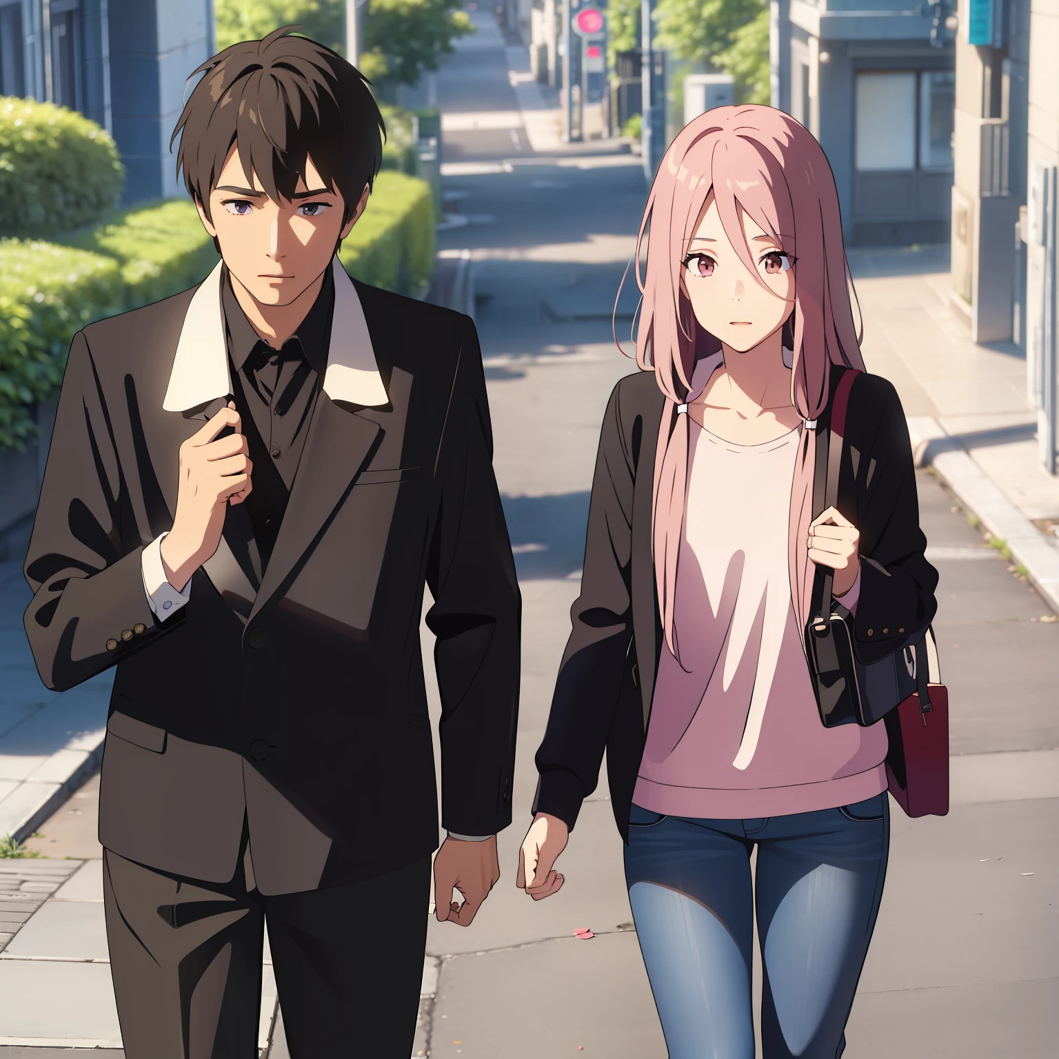 （A 20-year-old boy and a girl），（Black hair），Face the lens，On the street，（Girl with long pink hair）