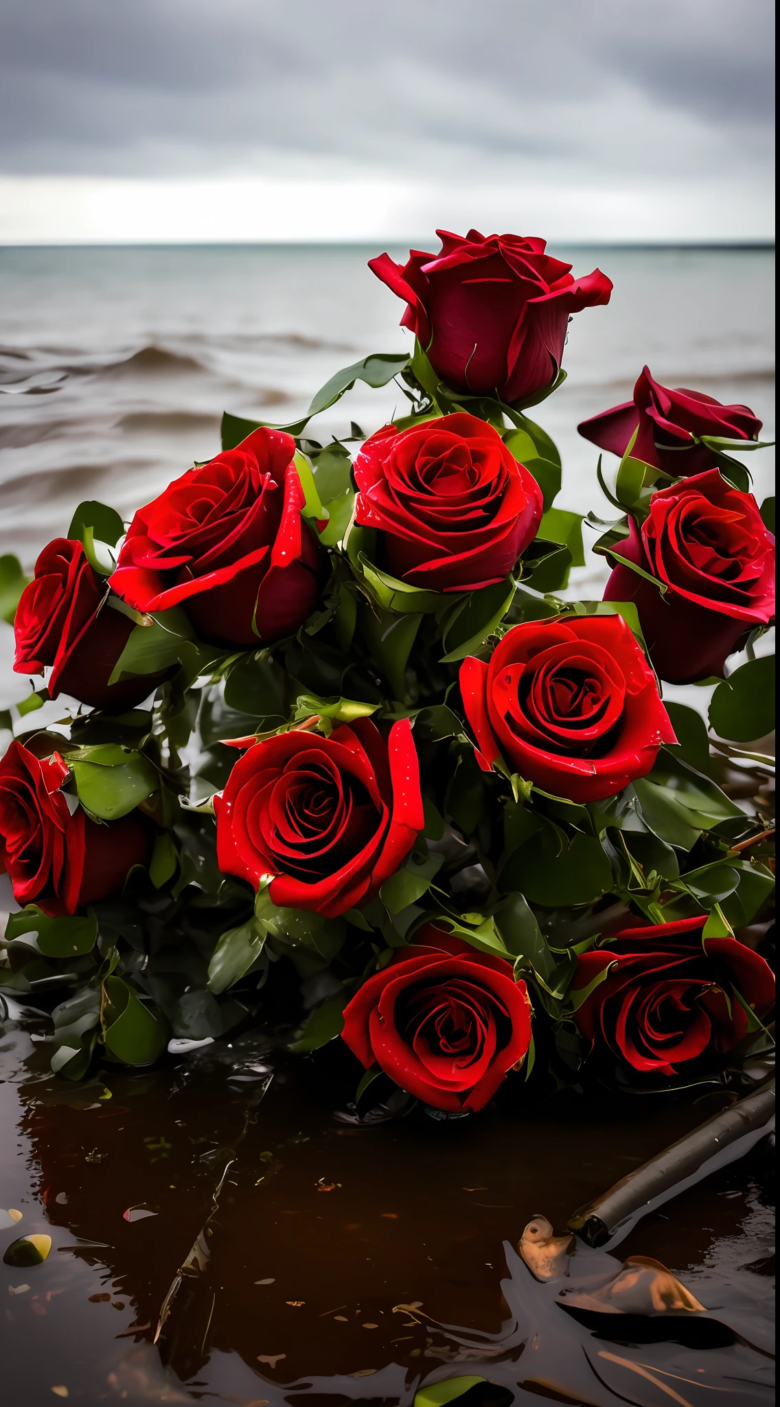 There is a bouquet of red roses on the beach by the water, roses in cinematic light, Red roses, rosses, rosette, Black roses, alexey egorov, red roses at the top, a few roses, flowers sea rainning everywhere, exploding roses, rose background, shot on canon eos r 5, shot on a Canon EOS R5, high-quality photo