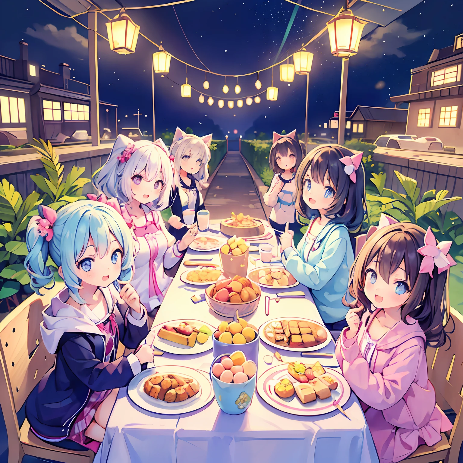 masterpiece, (2girls and 2girls and 2girls and 2girls at the table), idol, big eyes, kawaiitech, kawaii, cute, pastel colors, best quality, happy, deep background, symmetrical, tilted head, summer, night