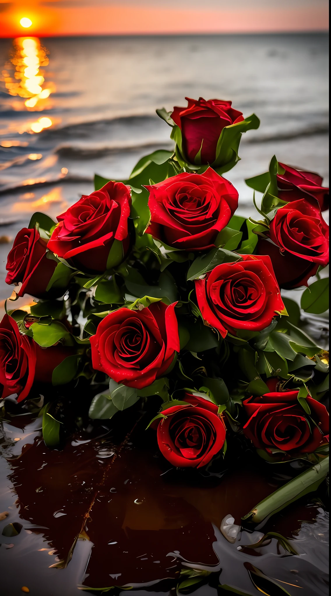 There is a bouquet of red roses on the beach by the water, roses in cinematic light, Red roses, rosses, rosette, Black roses, alexey egorov, red roses at the top, a few roses, flowers sea rainning everywhere, exploding roses, rose background, shot on canon eos r 5, shot on a Canon EOS R5, high-quality photo