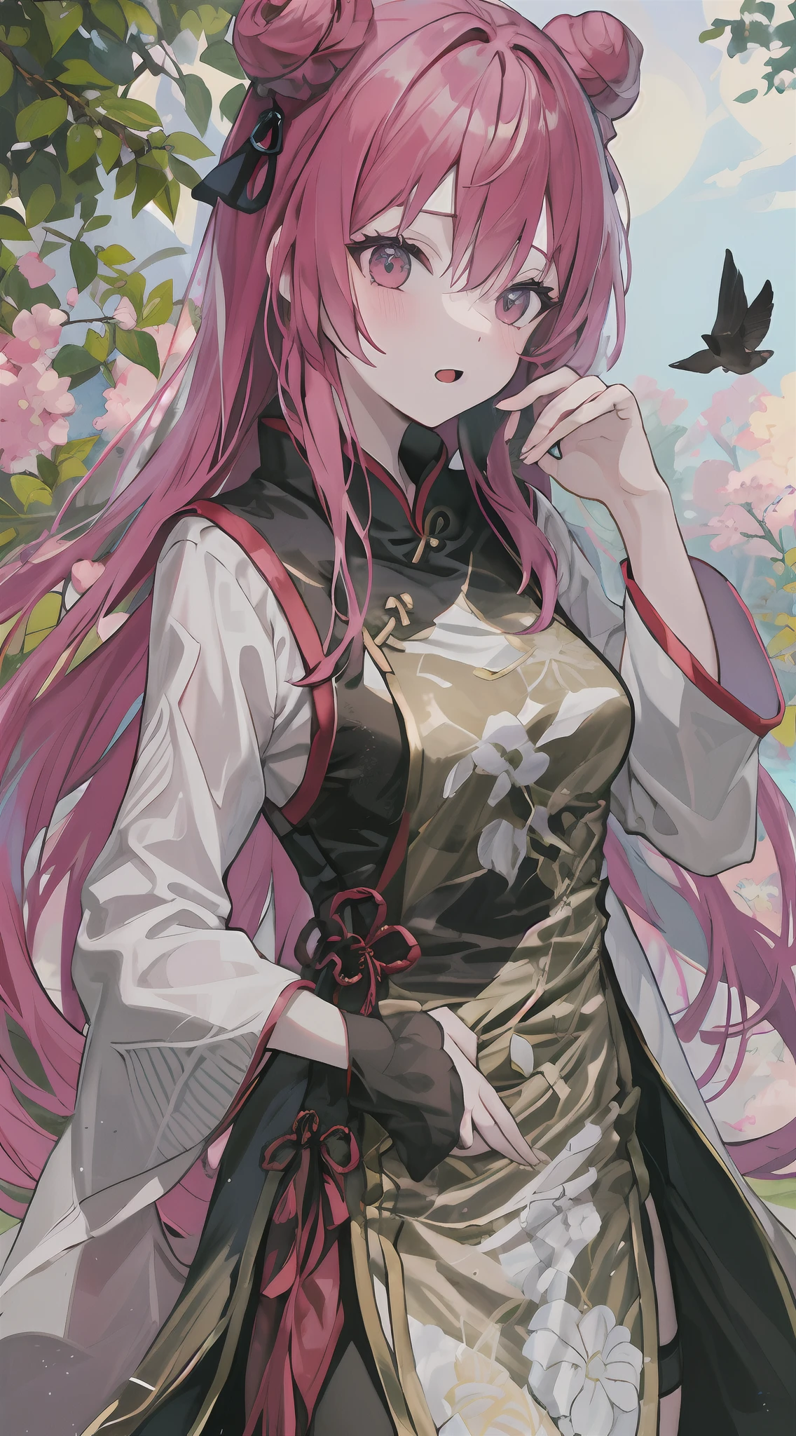 top-quality, Ink painting style, Fresh and elegant, Clear lake, orthofacial,Cute and shy,The cherry blossoms fall as the sun sets,White color hair, Black cheongsam golden pattern girl, Ride the flower wind to blow your head, A forest dotted with green leaves, Birds sing happily, A poetic scene