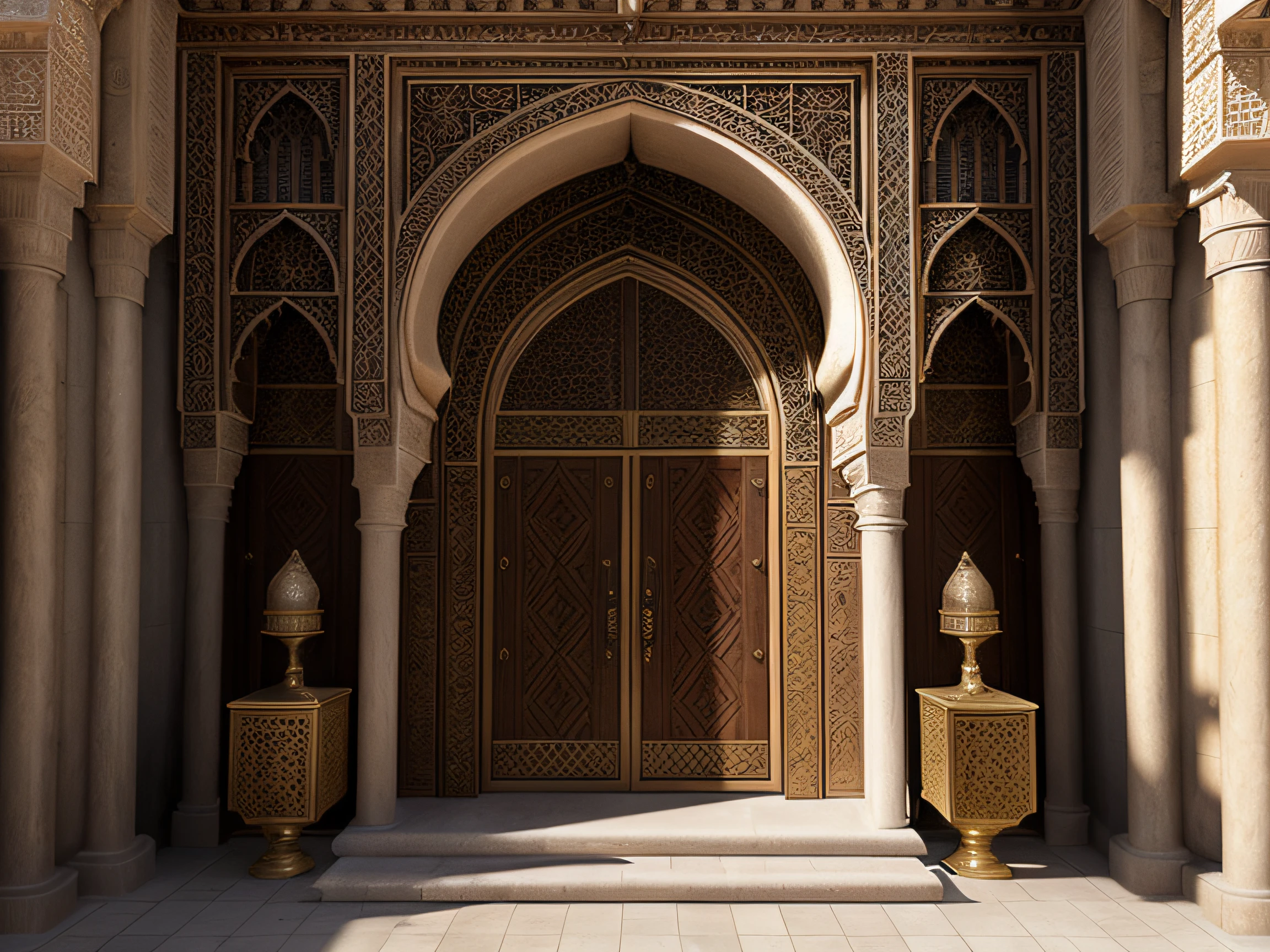 close up shot of a medieval fantasy north african traditional royal palace entrance, exterior, rich, elegant, complex structure, elaborate decorations, intricately carved closed door, (backlighting), granite, realistic, masterpiece, highest quality, lens flare, shade, bloom, [[chromatic aberration]], by Jeremy Lipking, by Antonio J. Manzanedo, digital painting