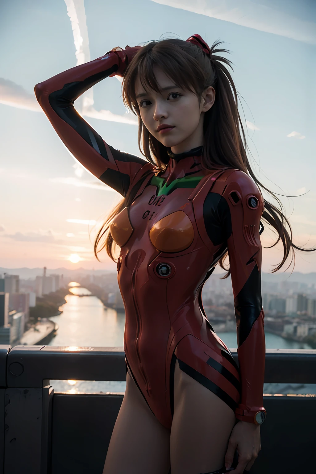 (((Fiction film, Based on the anime "Evangelion"))), photo realism, Masterpiece, extra high resolution, 8K, HD, Best Quality, Cinematic, tokyo, Sunset