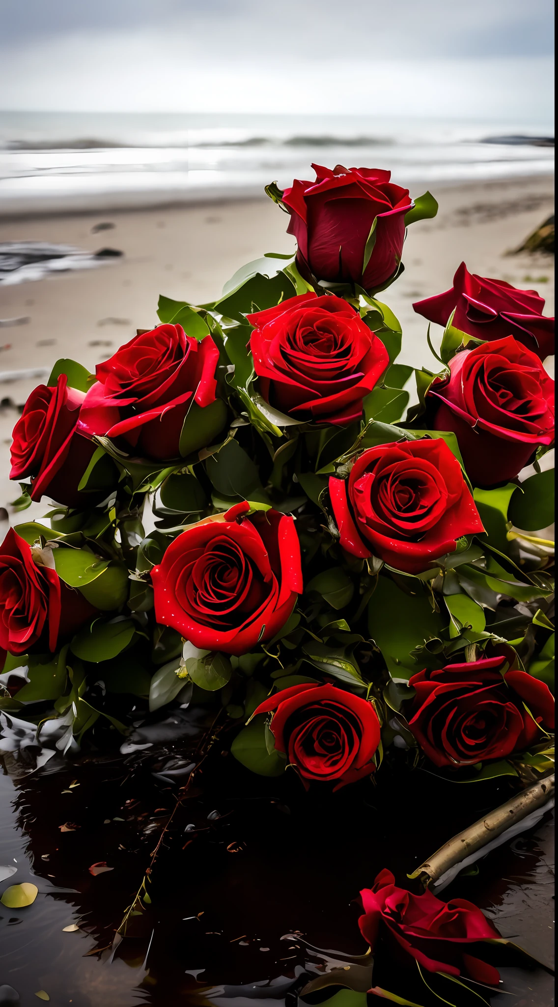 There is a bouquet of red roses on the beach by the water, roses in cinematic light, Red roses, rosses, rosette, Black roses, alexey egorov, red roses at the top, a few roses, flowers sea rainning everywhere, exploding roses, rose background, shot on canon eos r 5, shot on a Canon EOS R5, high-quality photo