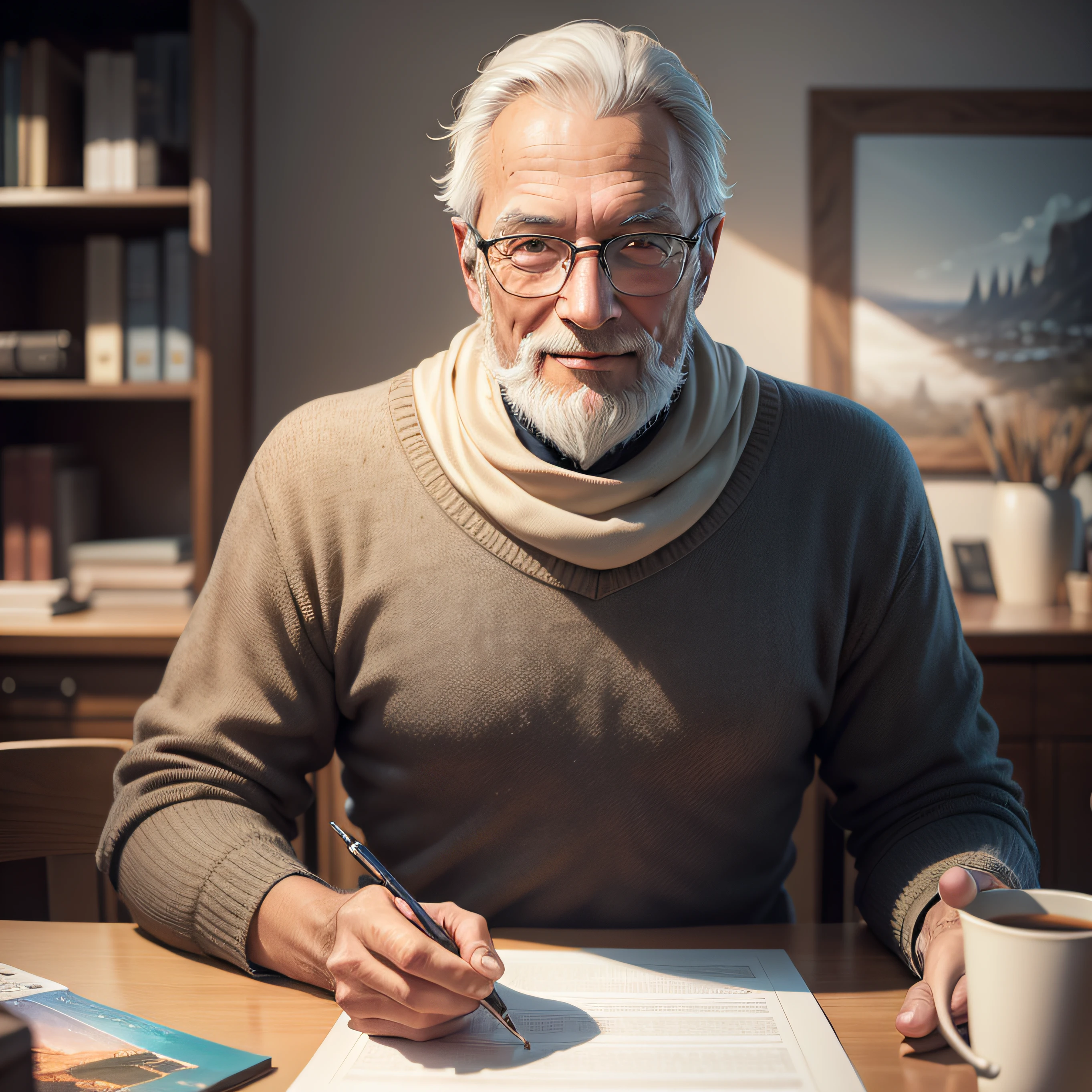 a person，Um homem de 60 anos，wearing sweater，wears glasses，Have a beard，Slightly thinner，Kind smile，The upper part of the body，Sit at the desk，gentlesoftlighting，tmasterpiece，best qualtiy，8K  UHD，digital SLR camera，filmgrain，Midjourney and greg rutkowski's Fujifilm XT3 realistic painting art