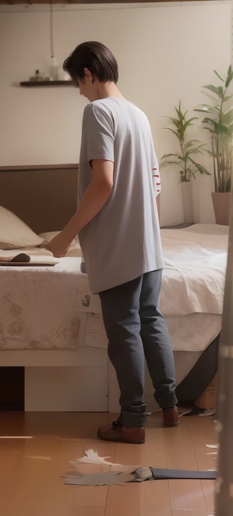 mejor calidad, obra maestra, (realista: 1.2), 1 hombre, Eren Jaeger, vida real, live-action, cabello suelto, Cabello largo, Chad, muleta, Amputado, encorvamiento, sin la pierna izquierda, caminando, bata gris, Marley arc, Marley Eren, SNK SEASON 4 EREN, ADULT EREN