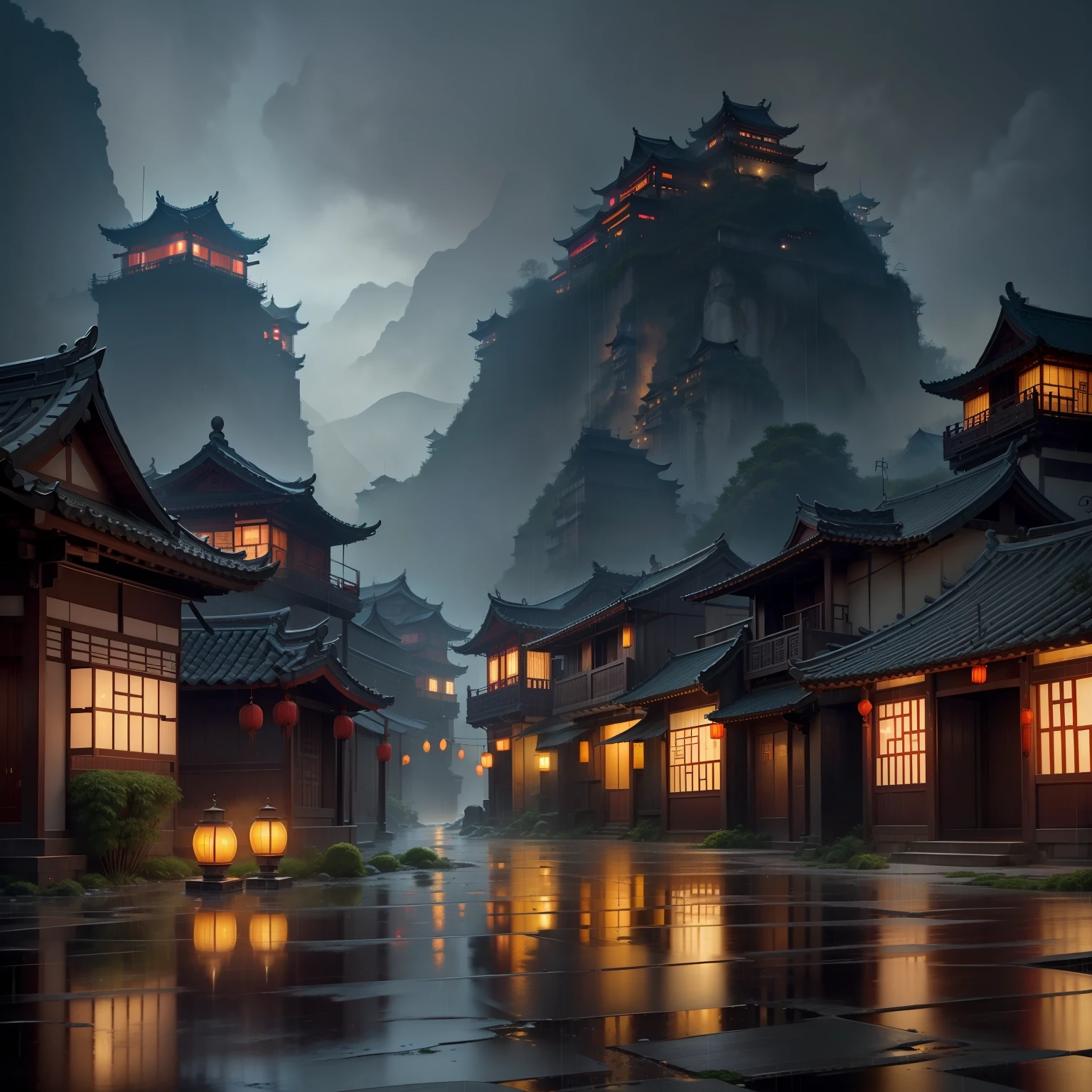 arafed view of a village with lots of lights on buildings, dreamy chinese town, chinese village, amazing wallpaper, surreal photo of a small town, old asian village, raymond han, rainy night, cyberpunk chinese ancient castle, beautifully lit building, evening in the rain, beautiful and aesthetic, photography, film, 8k, high detail ((heavy rain)))