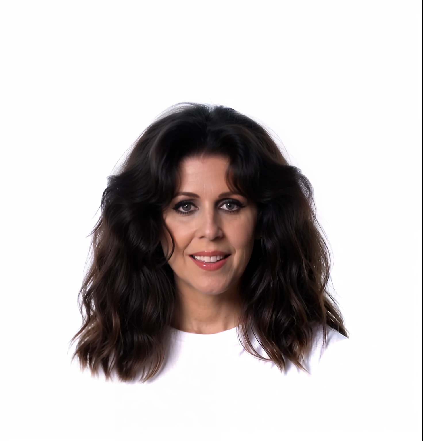 there is a woman with long hair and a white shirt, 1 9 7 0 s female alive, woman looks like gilda radner, grainy photo of an ugly woman, album art, wig, big hair, 8 0 ’ s portrait, 1 9 8 0 s woman, alternate album cover, with haunted eyes and curly hair, cynthwave, glamour shot