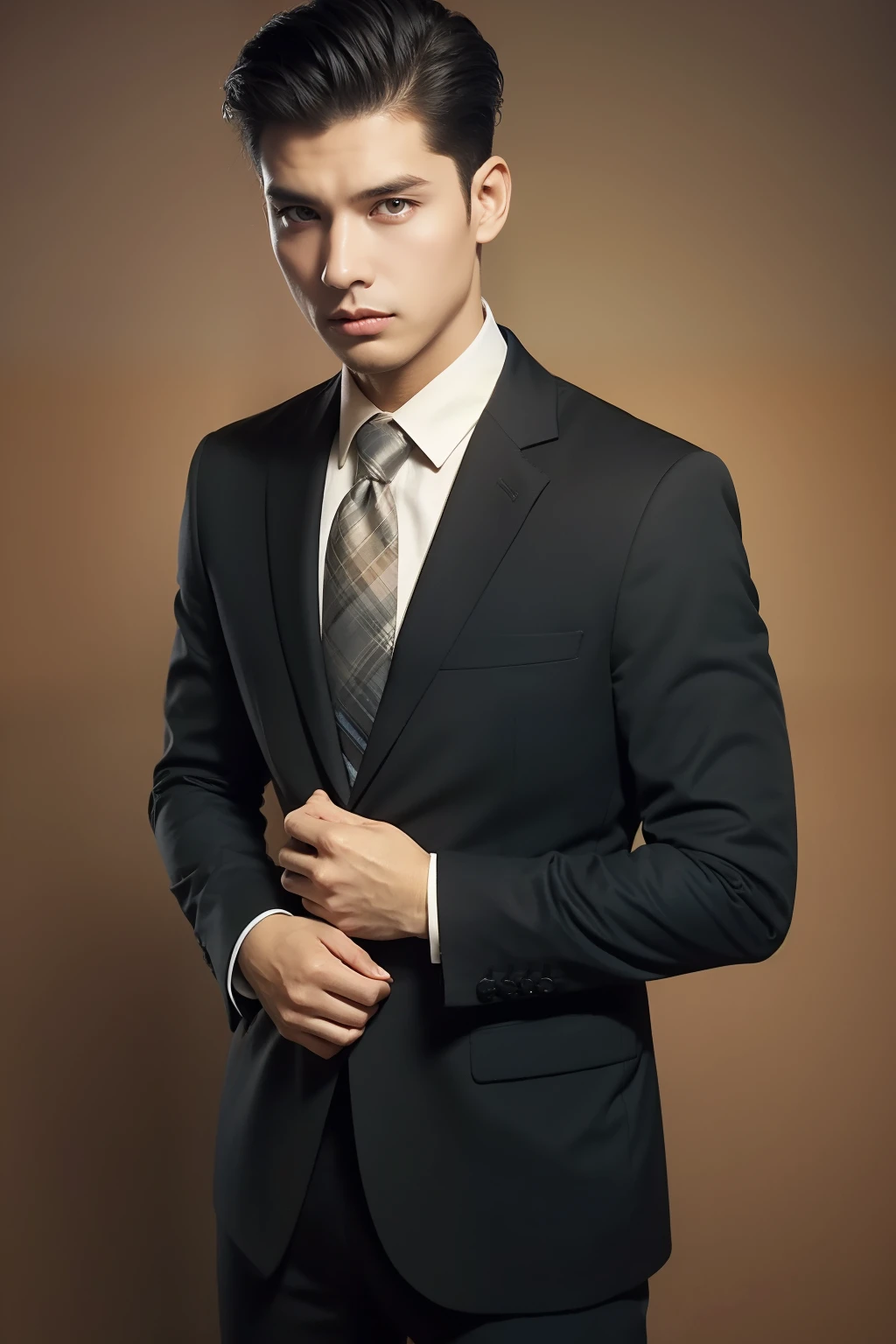 Black blazer， 18k, {{Masterpiece}}, Best quality, High quality:1.4), simplebackground，Brown background，，{{[[front look}}, Photo pose)]], very pretty look face, And very nice red eyes, 1man, solo, portrait of khabibnurmagomedov wear suit and tie, beard, serious, details, realistic, photography, blurry background, softfocus