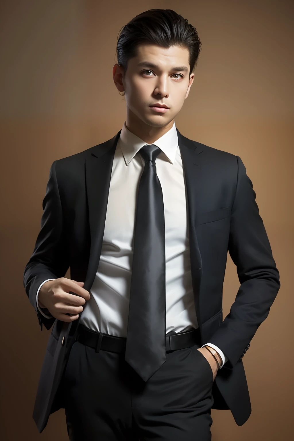 Black blazer， 18k, {{Masterpiece}}, Best quality, High quality:1.4), simplebackground，Brown background，，{{[[front look}}, Photo pose)]], very pretty look face, And very nice red eyes, 1man, solo, portrait of khabibnurmagomedov wear suit and tie, beard, serious, details, realistic, photography, blurry background, softfocus