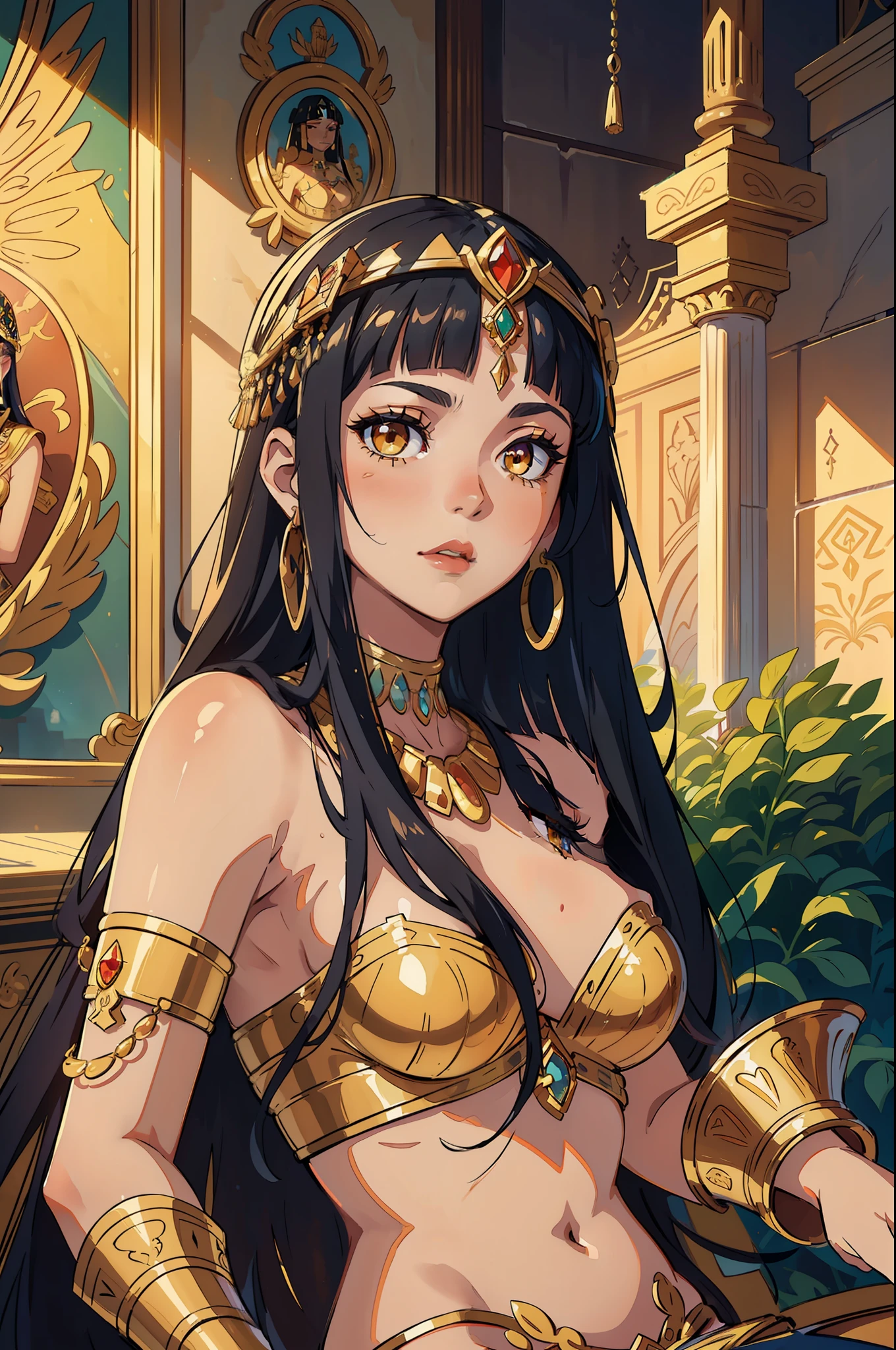 "A majestic portrayal of Cleopatra, exuding power and beauty, adorned in regal attire, with intricate jewelry and a captivating headdress. The setting is a grand palace, with opulent architecture, rich tapestries, and golden accents. The lighting highlights her features, casting a soft glow on her flawless complexion. The composition is balanced, with Cleopatra positioned prominently in the center, commanding attention. The atmosphere is filled with an air of mystery and elegance."