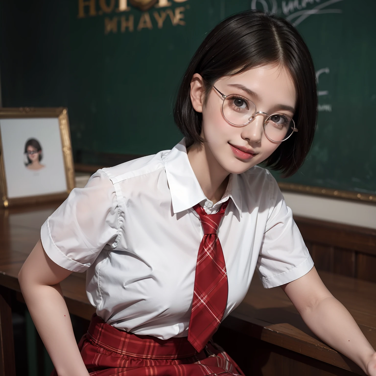 Supreme painting, finely-detailed eyes,Delicate facial features, Slender figure, Silver-toned round-rimmed glasses, shoulder-length short hair, White shirt, red plaid skirt, school ground, rays of sunshine,A confident smile,Wear a tie