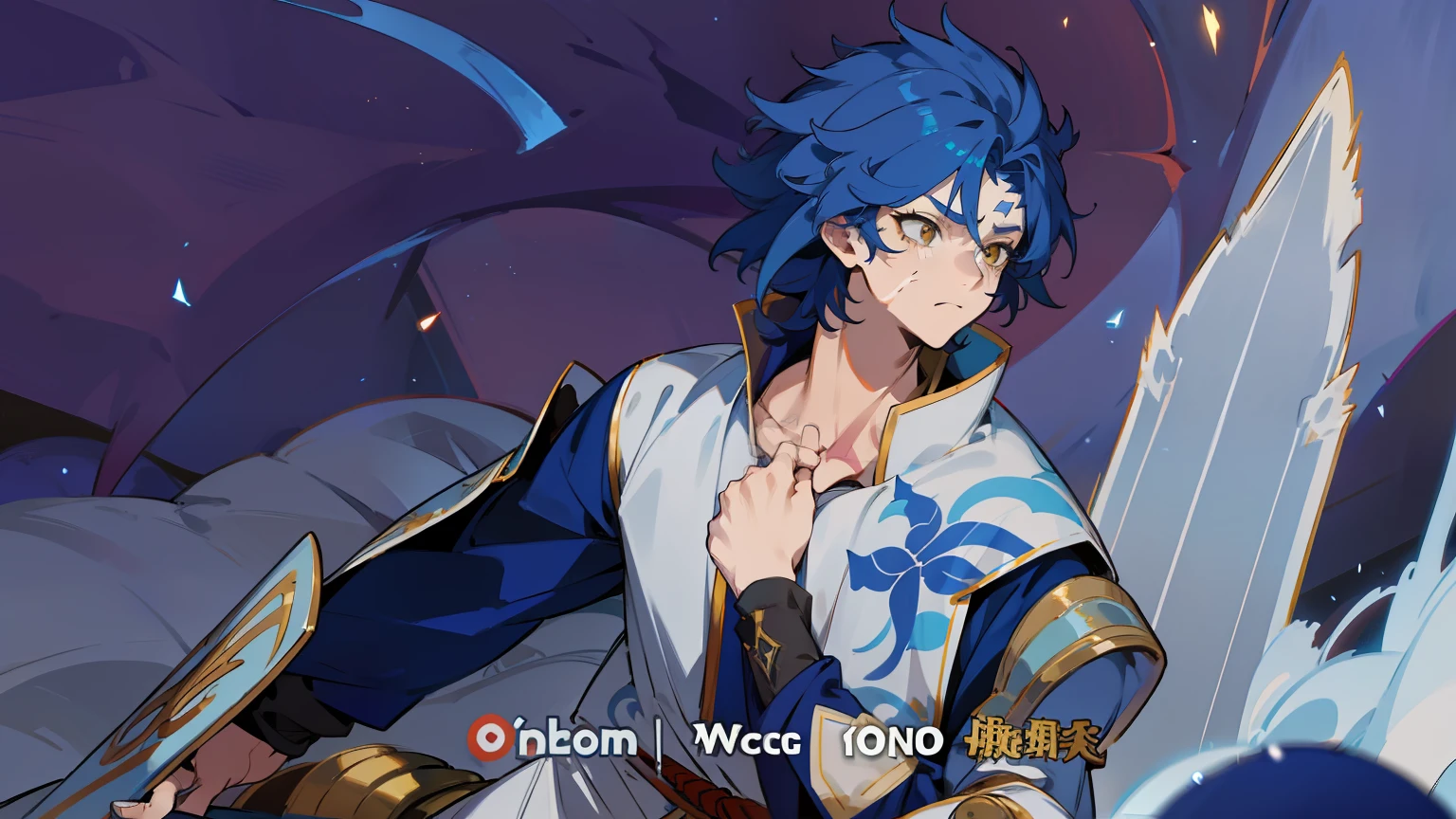 short pointed blue hair, like the ears of a beast,、Yellow-eyed man with black eyes、2D、Scar on left cheek