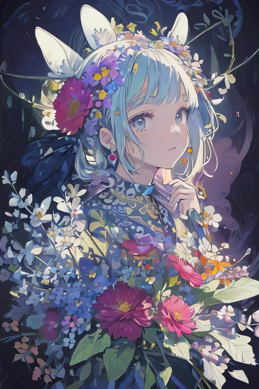 (masterpiece,beautiful and aesthetic:1.2), (1girl:1.3), extremely detailed,(fractal art:1.1),(colorful:1.1)(flowers:1.3),highest detailed,(zentangle:1.2), (dynamic pose), (abstract background:1.3), (shiny skin), (many colors:1.4),(earrings), (tail of light :1.5),ivy frame,