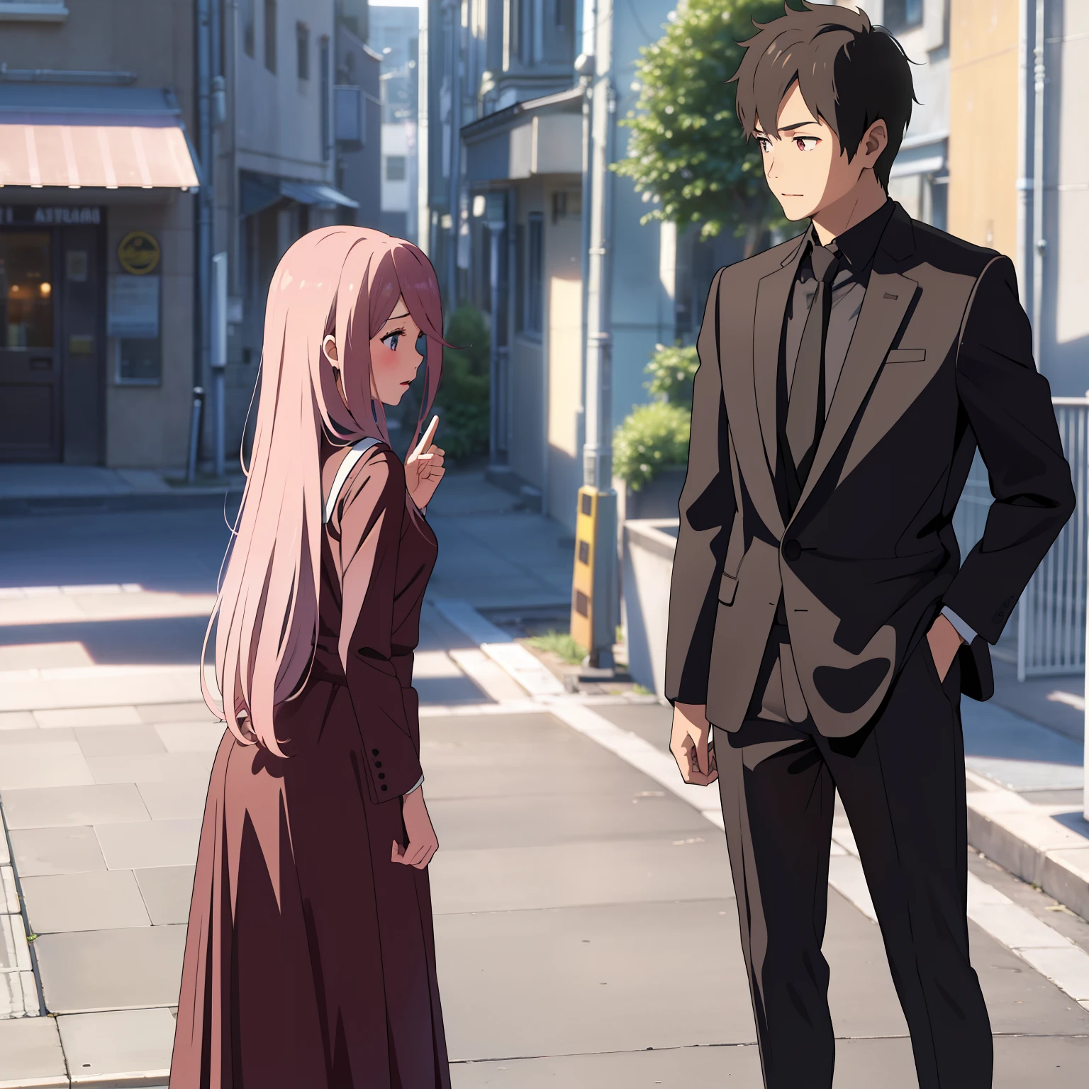 (A 20-year-old boy and a girl),(Black hair),Face the lens,On the street,(Girl with long pink hair)