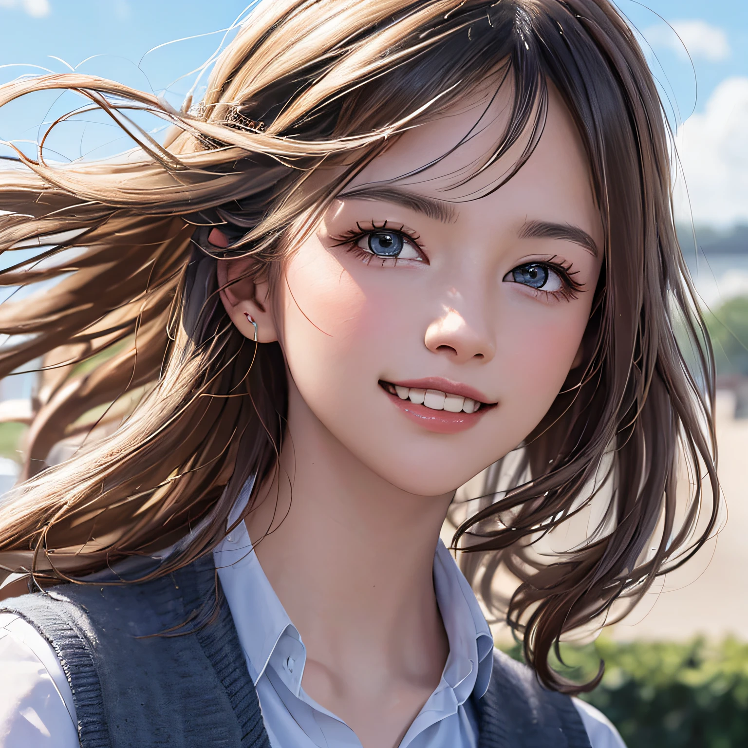 (8K, RAW Photos, of the highest quality, Masterpieces: 1.2), (Realistic, Photorealistic: 1.37), Highest Quality, Ultra High Resolution, light  leaks, Dynamic lighting, Slim and smooth skin, (Full body:1.3), (Soft Saturation: 1.6), (Fair skin: 1.2), (Glossy skin: 1.1), Oiled skin, 22 years old, Night, shiny white blonde, Well-formed, Hair fluttering in the wind, Close-up shot of face only, Physically Based Rendering, From multiple angles, A big smile, School uniform, Beige vest, thunderstorm, The Flash,