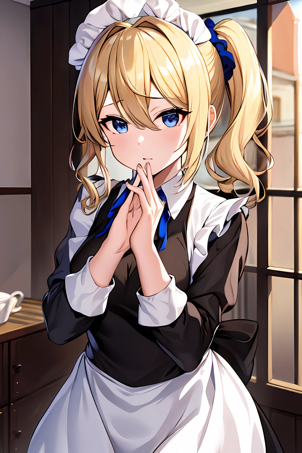 masterpeace, best quality, highres, 1girl, hayasaka ai, solo, blonde hair, maid, blue eyes, side ponytail, hair scrunchie, hair ornament, blue scrunchie, maid headdress, apron, hair between eyes, breasts, long sleeves, bangs, white shirt, black dress, sidelocks, maid apron, black pantyhose,  :i, cleaning, room,