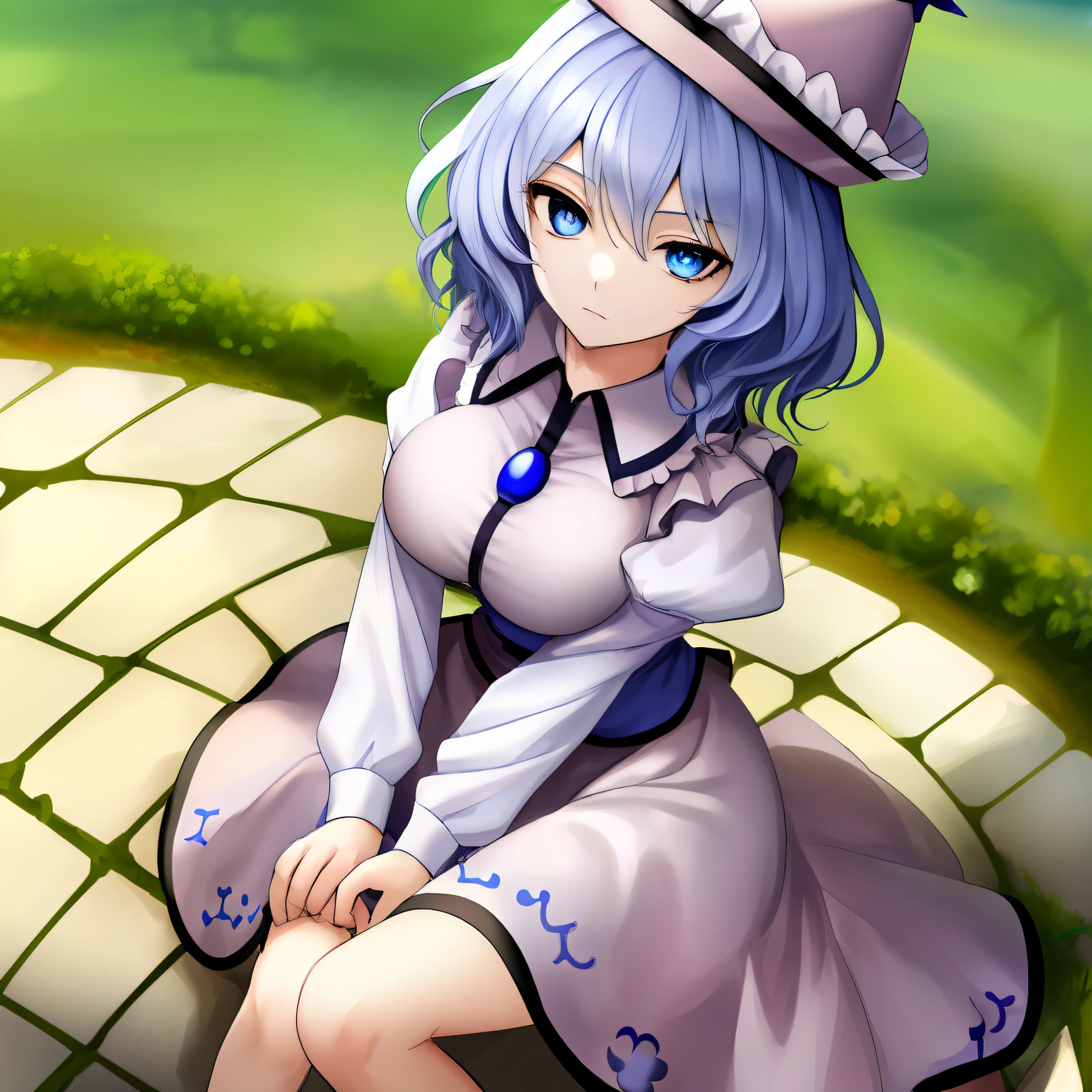 (masterpiece), best quality, perfect face, expressive eyes, merlin prismriver,1girl,hat,blue eyes,blue hair, short hair, long sleeves, skirt,w sitting, legs on the ground, sitting on ground, w sitting on ground, arms between legs, both arms between legs, big breast,good breast