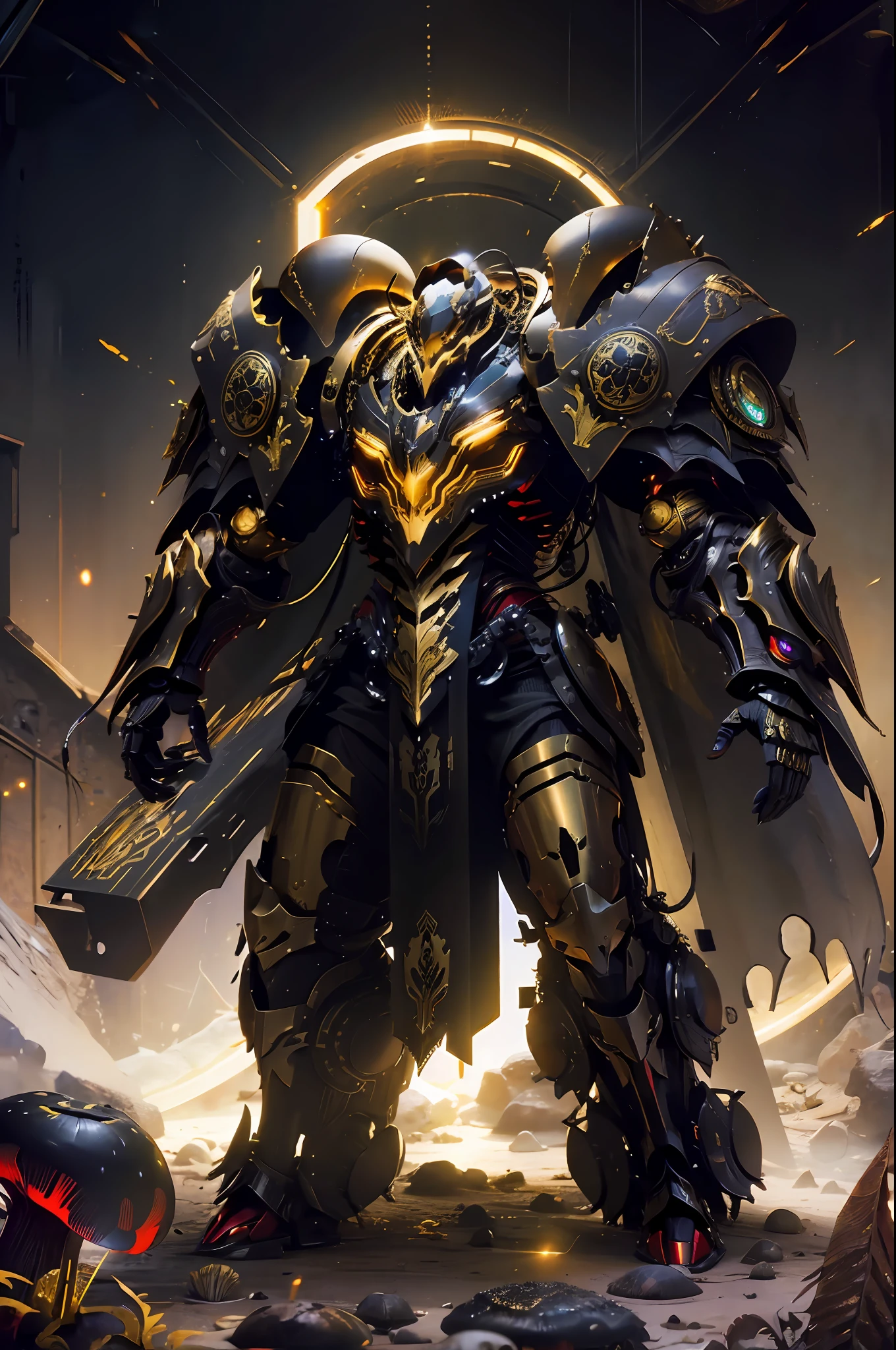 High resolution, golden black red armor, psychedelic details, chaos details, high tech design, show full body portrait , chrome, mushroom, skeleton