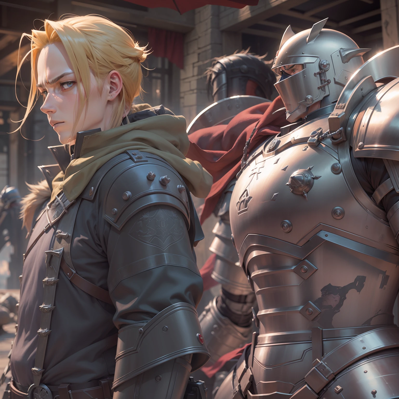 "A masterpiece in detailed and animated 8k realism of the characters Edward Elric with a metal arm and leg and Alphonse Elric a large chunky armor with battle marks of Fullmetal Alchemist by Hiromu Arakawa."