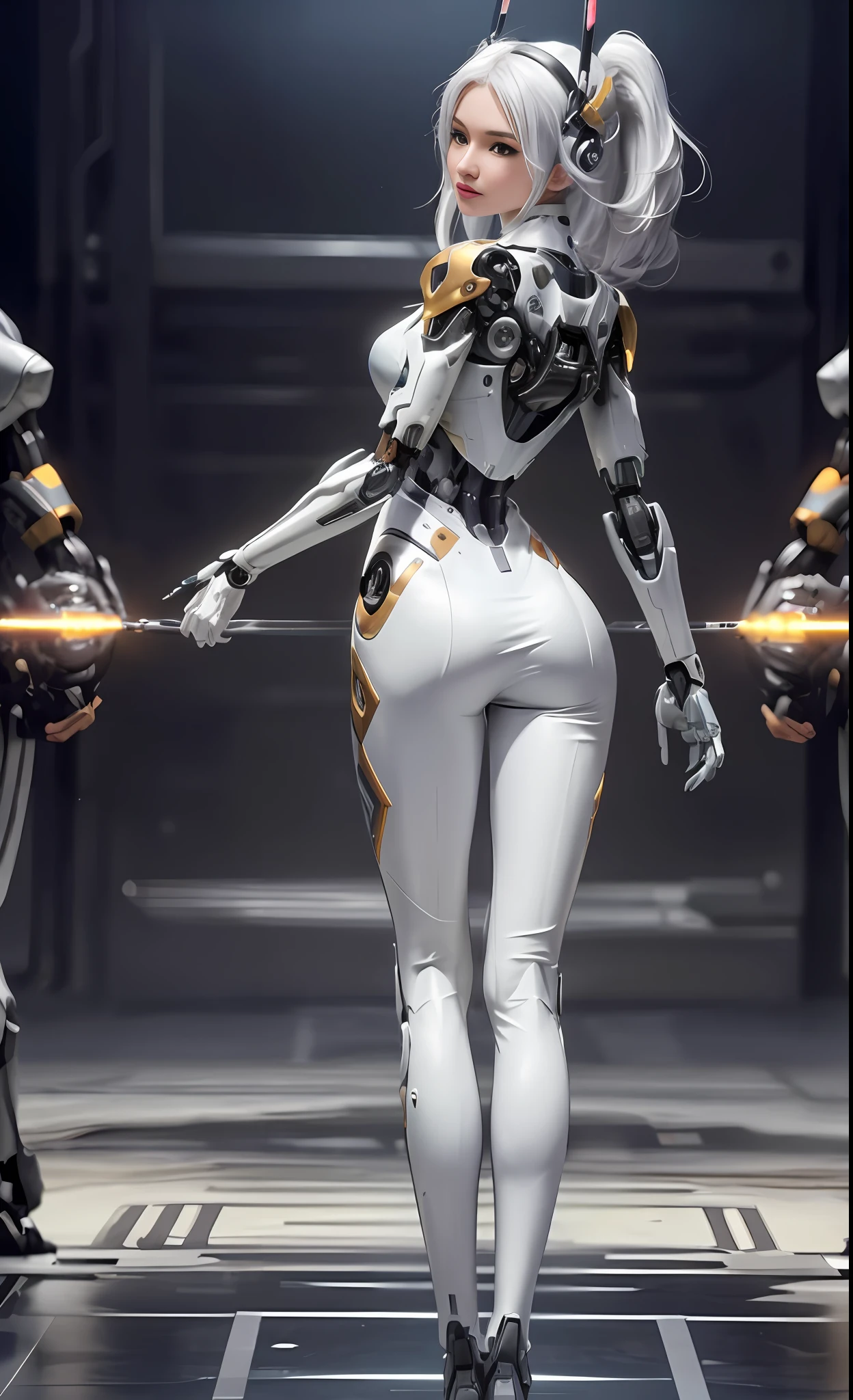 A woman in a futuristic suit stands in the room, of a beautiful female warframe, beautiful white girl cyborg, gynoid cyborg body, thick smooth warframe thighs, cybernetic body, perfect android girl, cyber suit, Futuristic robot body, in white futuristic armor, beautiful female android!, cyborg tech on body and legs, porcelain cyborg