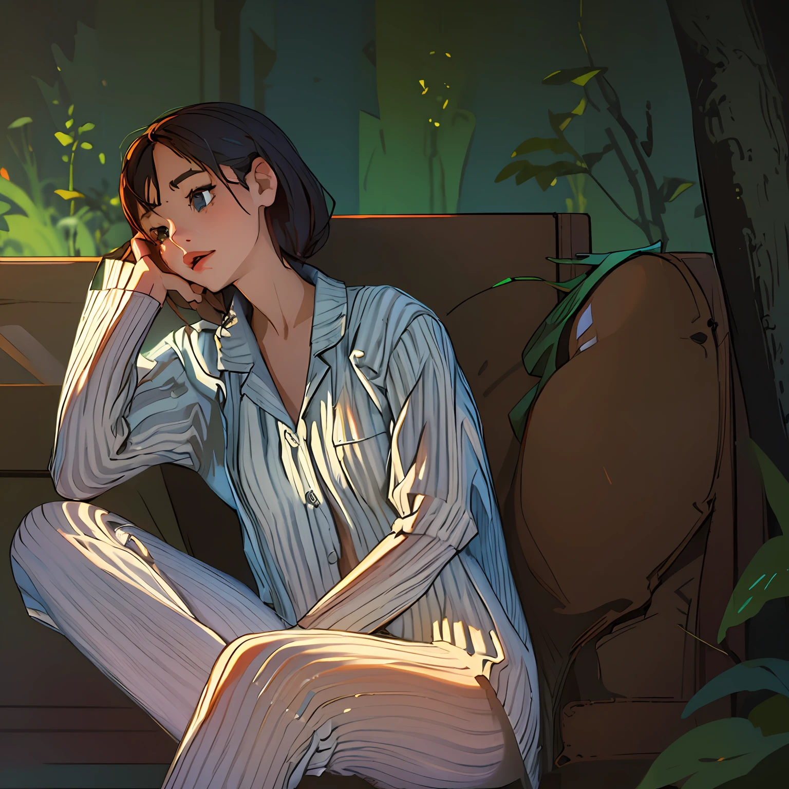 (best quality, masterpiece:1.3), 1girl, sitting, forest, side view
