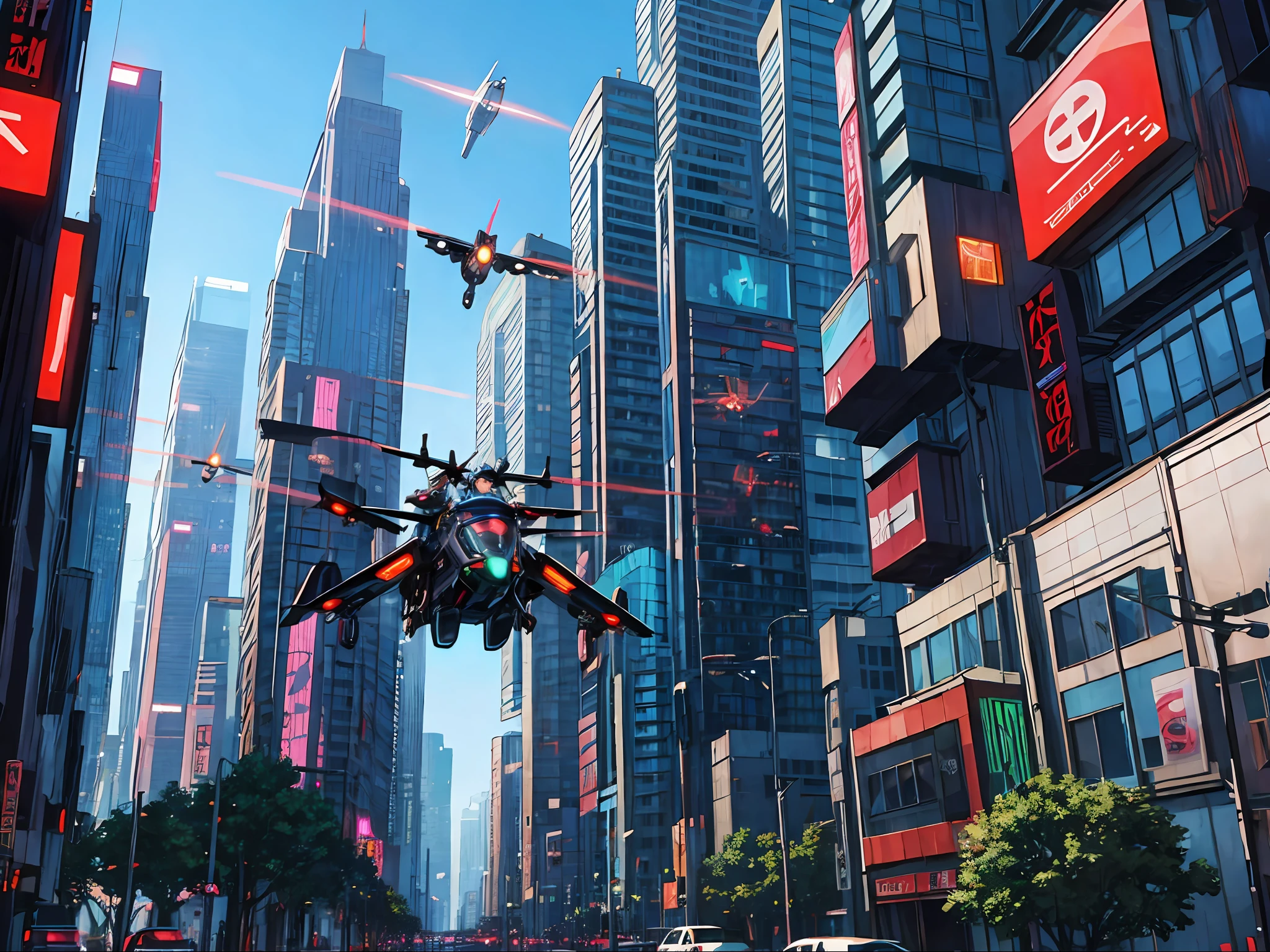 masterpiece anime cyberpunk cityscape with robots, ((flying cars))