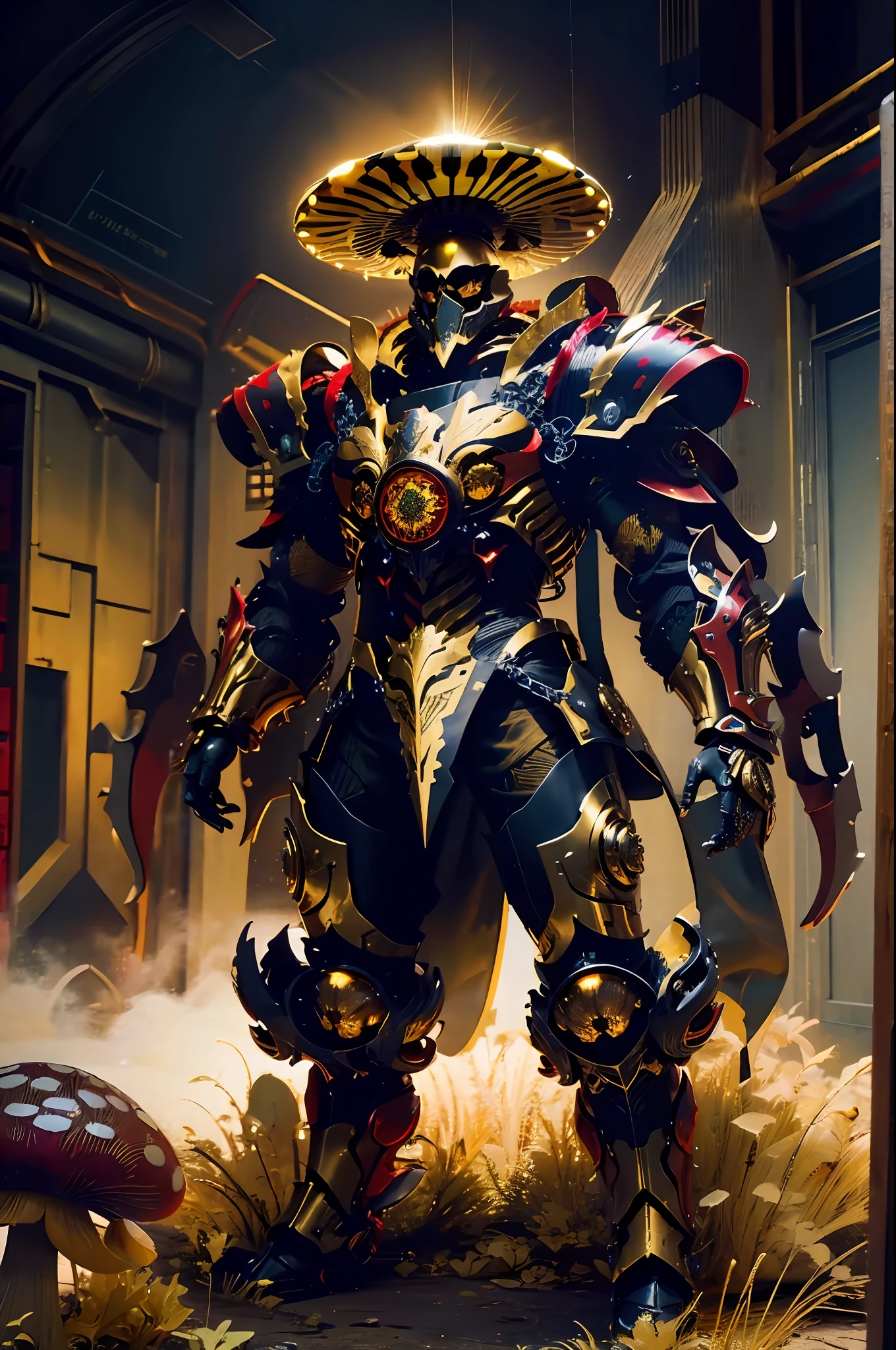 High resolution, golden black red armor, psychedelic details, chaos details, high tech design, show full body portrait , chrome, mushroom, skeleton, bodhisattva