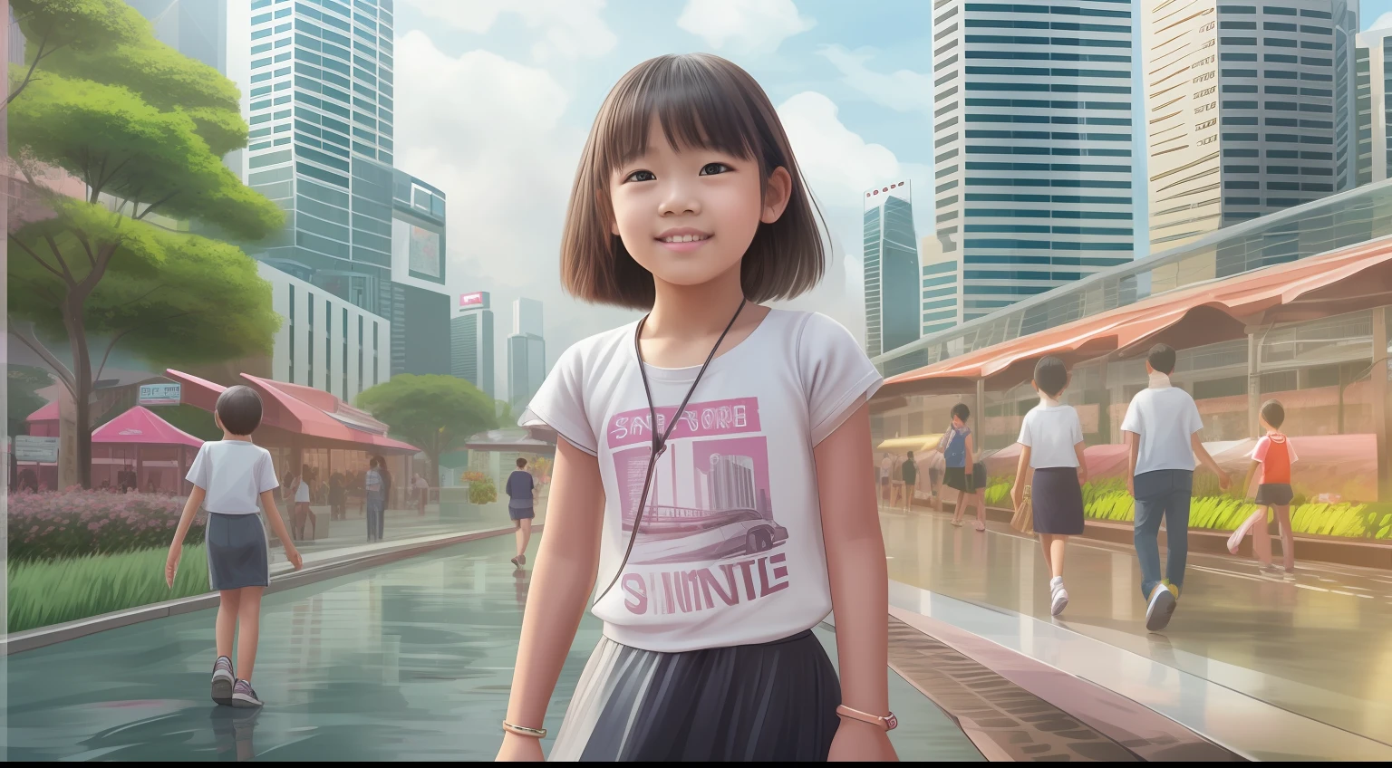 Generate a image of a young girl, , from Singapore, with Singapore features, realistic city background, best quality, real, well detailed, hyper-realistic