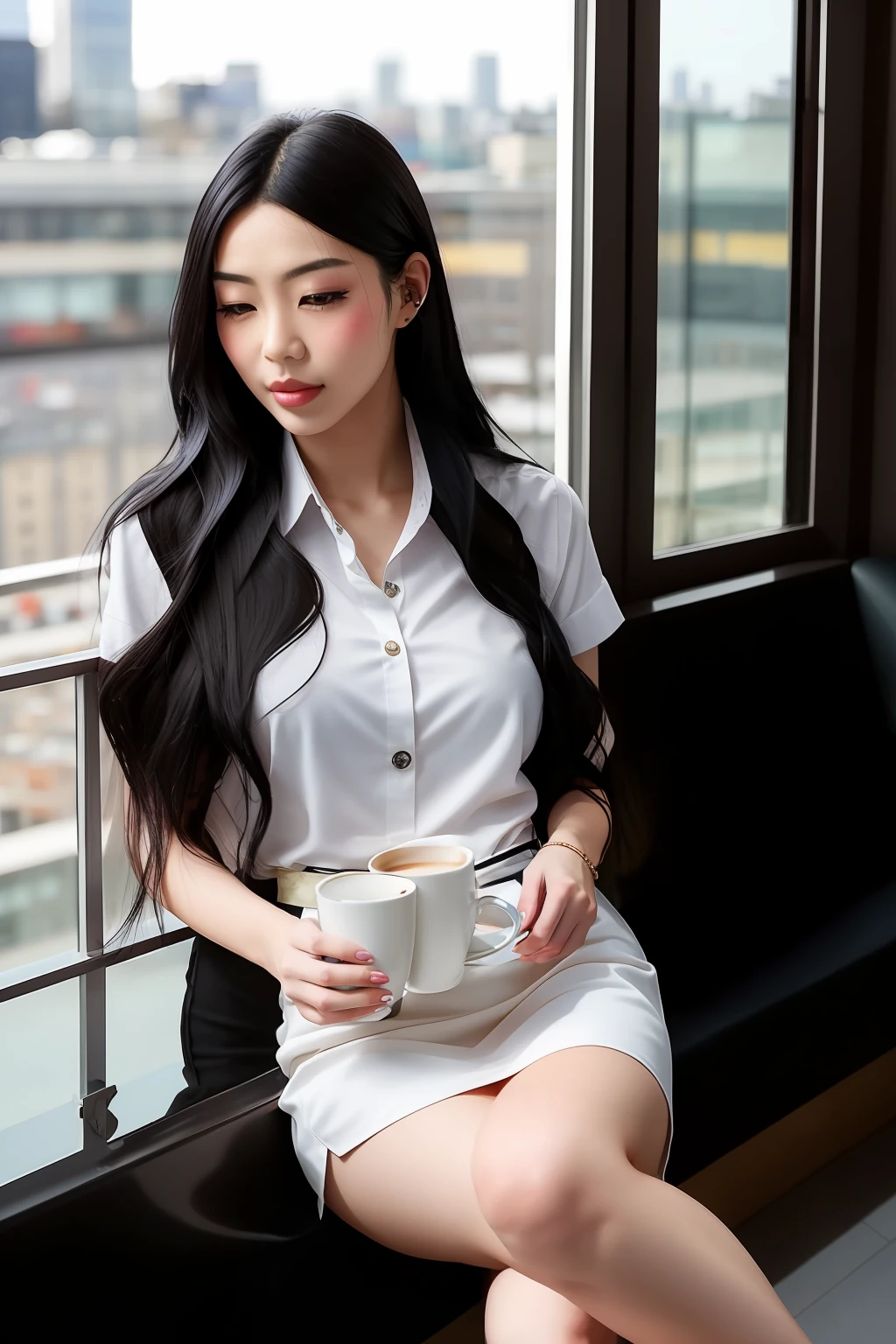 Please depict a young, beautiful woman with long, black hair named Asami, immersed in city life. She is in a cafeteria, holding a cup of coffee, gazing out at the cityscape through the window. Her eyes radiate a dreamy light as if staring into the distance. Her outfit is cutting-edge fashionable, reflecting the refined style of city life.