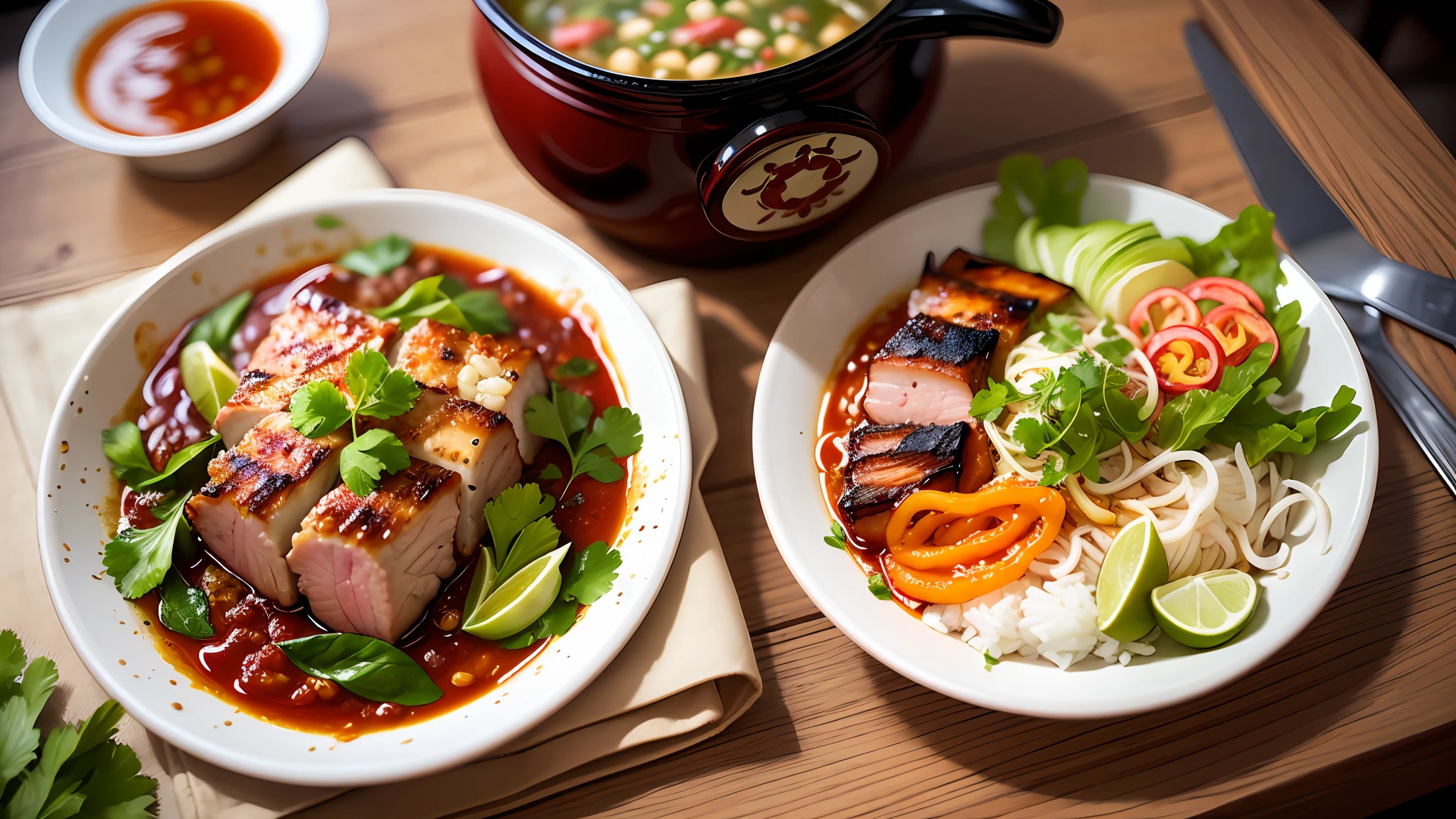 A top-view photograph of a table with grilled pork belly meat, beautifully arranged on a grill plate. The table is set with an assortment of mouthwatering side dishes, surrounding the perfectly cooked pork belly. Fresh lettuce leaves, kimchi, ssamjang (Korean dipping sauce), garlic, onions, along with gochujang (red chili paste) and doenjang (soybean paste), are thoughtfully placed to enhance the presentation. In the center of the table, there are bottles of traditional Korean soju and refreshing makgeolli (rice wine) ready to accompany the feast. The photograph captures the scene with a 45mm lens, providing a natural perspective and balanced composition. Soft, warm lighting adds to the inviting ambiance of the shot. --auto --s2