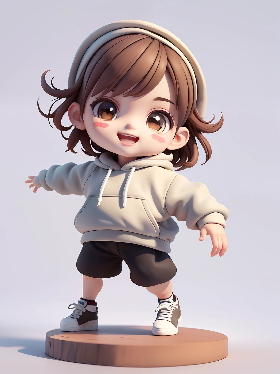 (Masterpiece), (Best Quality), (Ultra Detailed), (Full Body: 1.2), A Boy, Chibi, Cute, Smile, Open Mouth, Dancing, Dancing Hip Hop, Jumping Pose, Hoodie, Blush, Shirt, Short Hair, Brown Hair, Blush Stripe Sticker, Long Sleeves, Brunette Hair, Sneakers, Pants, 3D Clay Rendering, White Background, (Beautiful Detailed Face), (Beautiful Detail Eyes),