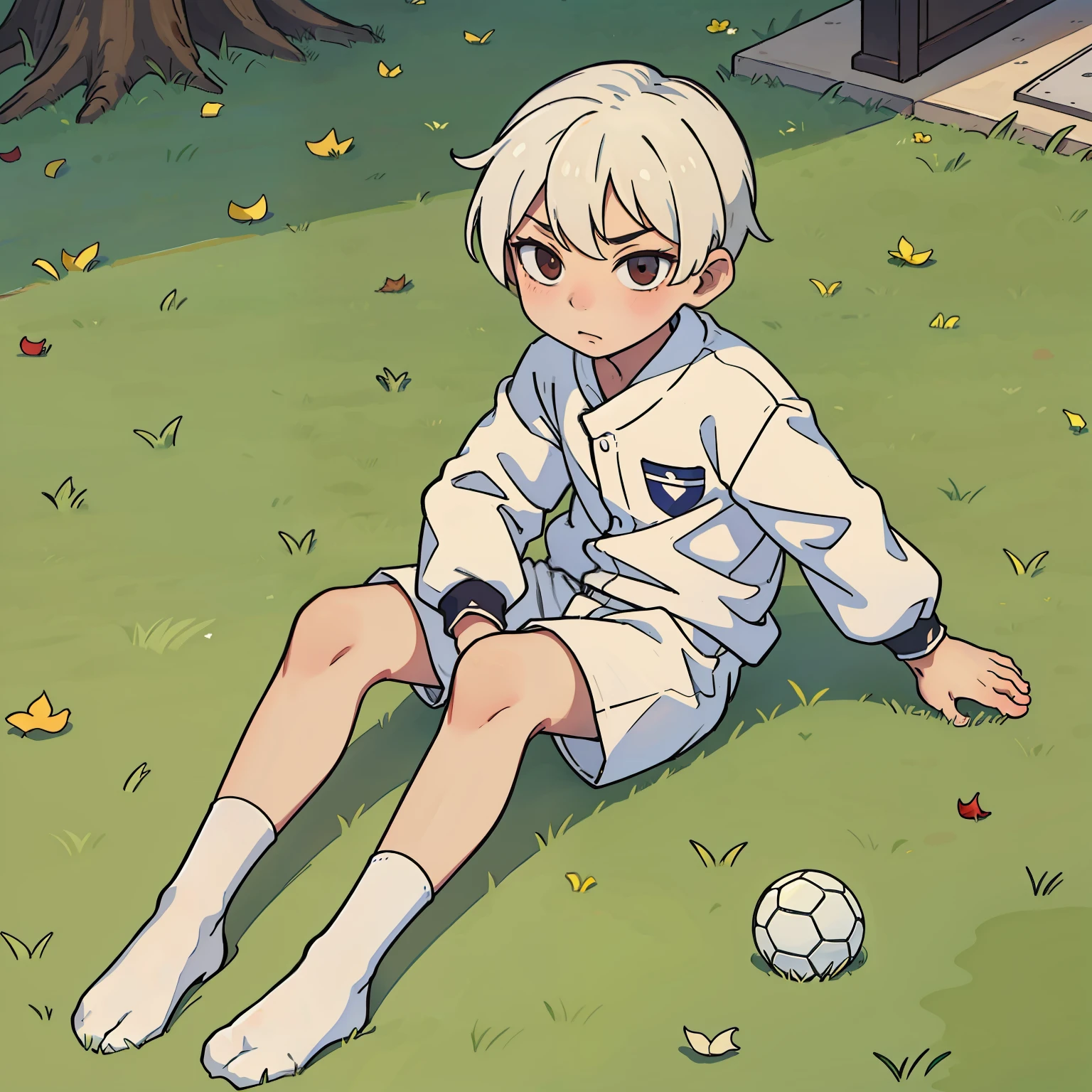 Shota， 1人，without wearing shoes， White  socks， Sports wear（rot， blanche）， lawns， sat on the ground， tmasterpiece， k hd， lay on back