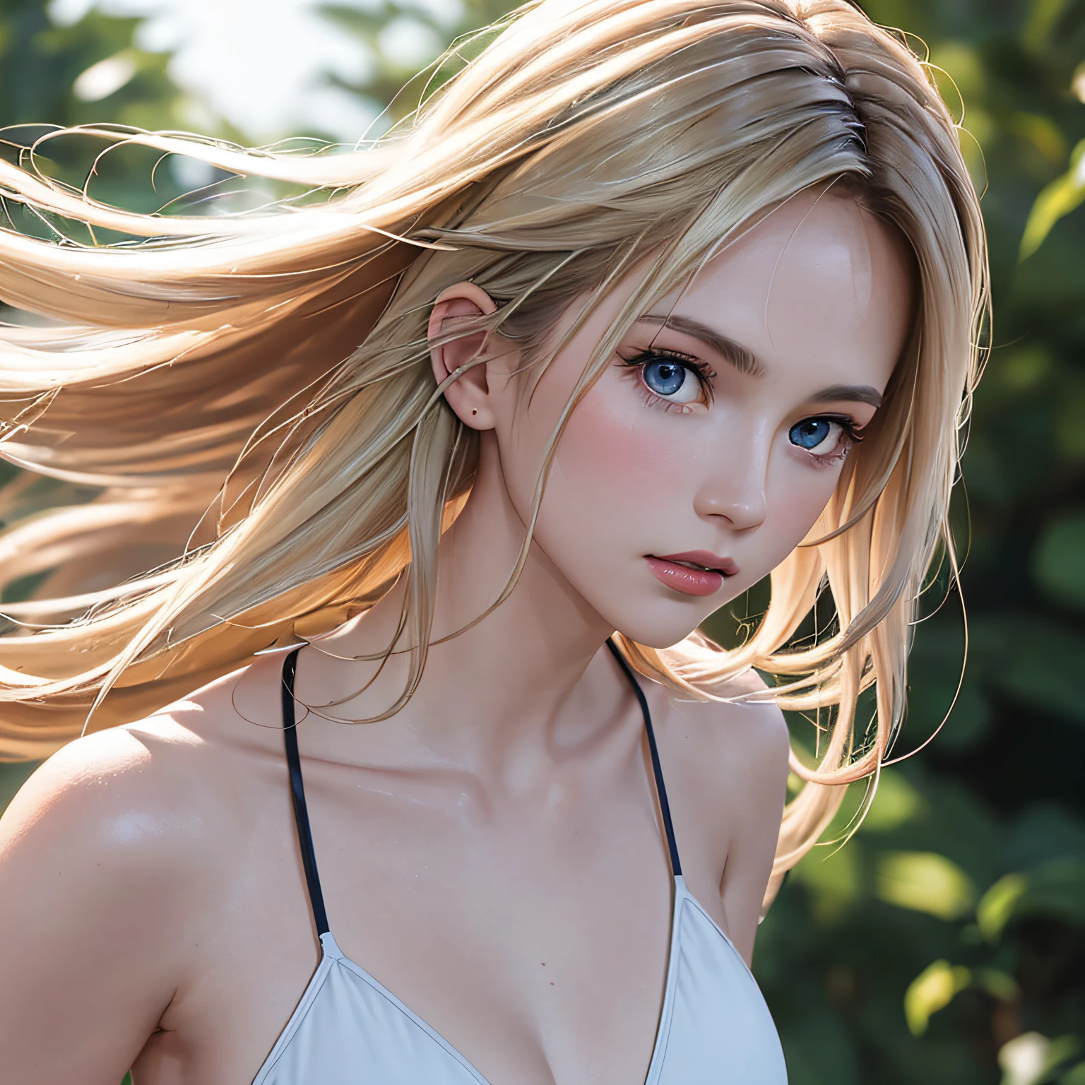 (8K, RAW Photos, of the highest quality, Masterpieces: 1.2), (Realistic, Photorealistic: 1.37), Highest Quality, Ultra High Resolution, light leaks, Dynamic lighting, Slim and smooth skin, (Full body:1.3), (Soft Saturation: 1.6), (Fair skin: 1.2), (Glossy skin: 1.1), Oiled skin, 22 years old, Night, shiny white blonde, Well-formed, Hair fluttering in the wind, Close-up shot of face only, Physically Based Rendering, From multiple angles, The bikini