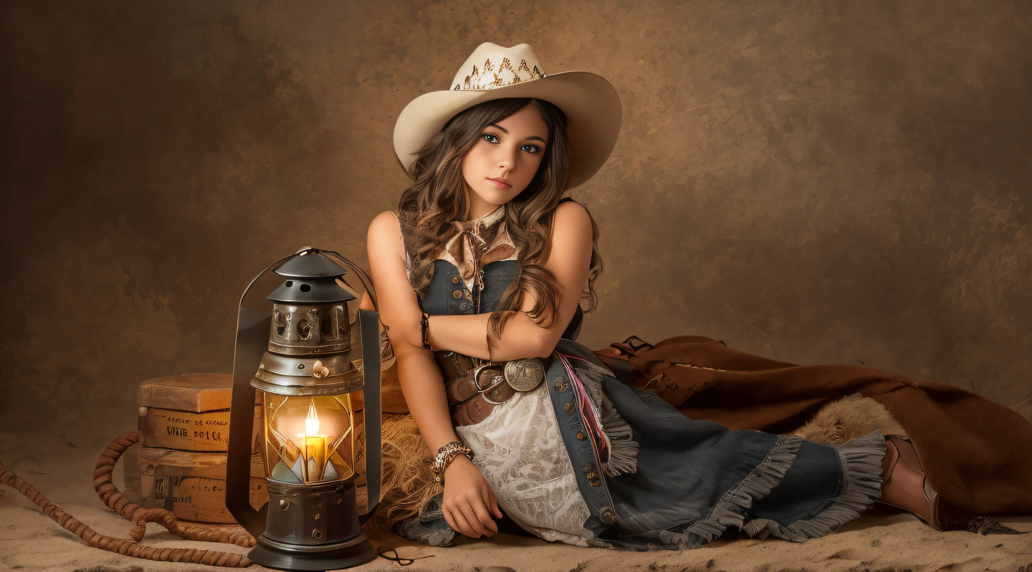 arafed girl in a cowboy hat holding a lantern, holding a lantern, cowgirl, girl under lantern, western cowgirl, dressed as a western sheriff, cow-girl, beautiful cowboy witch, young girl in steampunk clothes, female cowgirl, girl, by Linda Sutton, ???, lighting, photo of the girl, wearing a cowboy hat, next gen, portrait rugged girl
